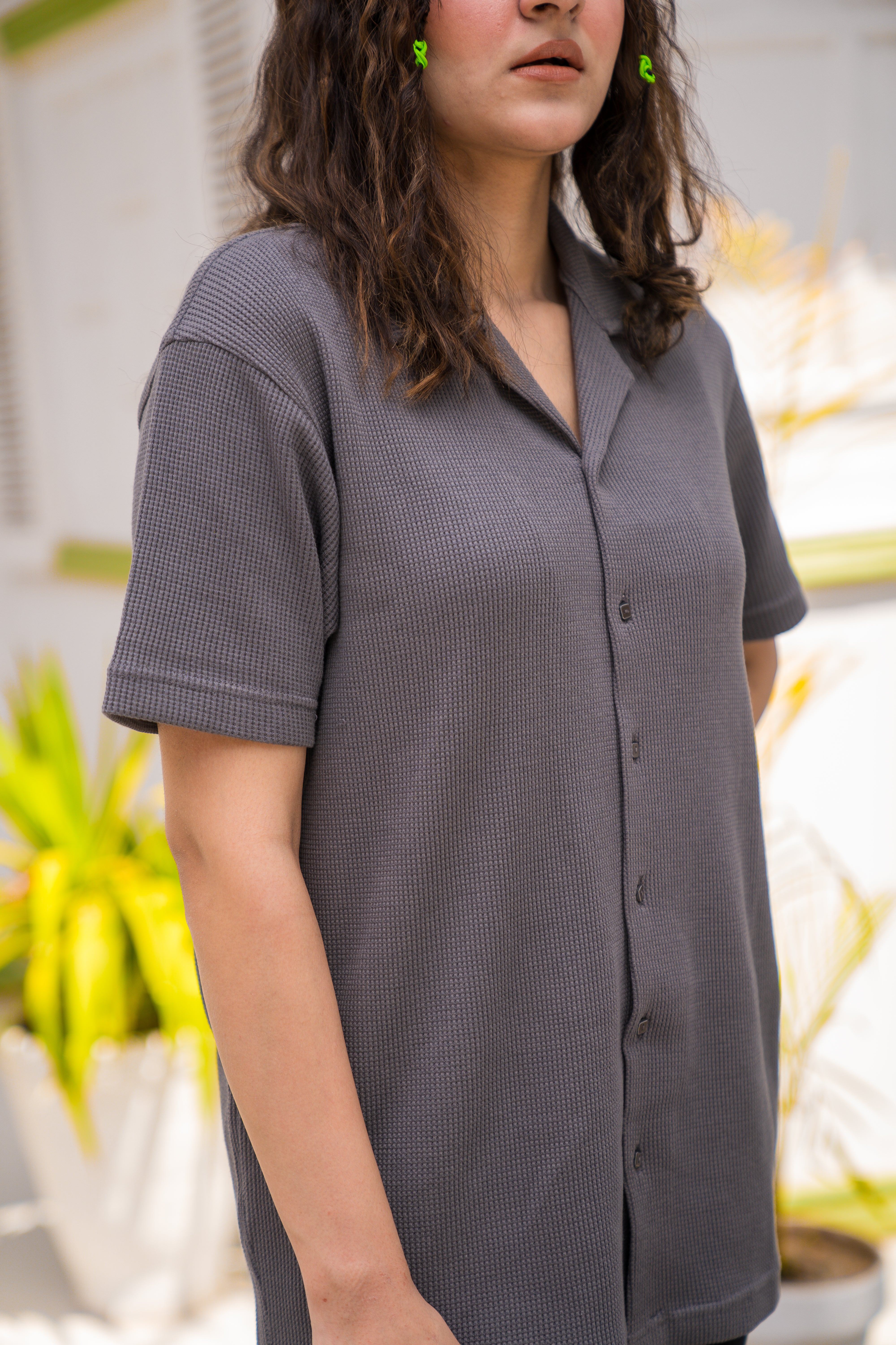 Grey Waffle Knit Cuban Collar Shirt