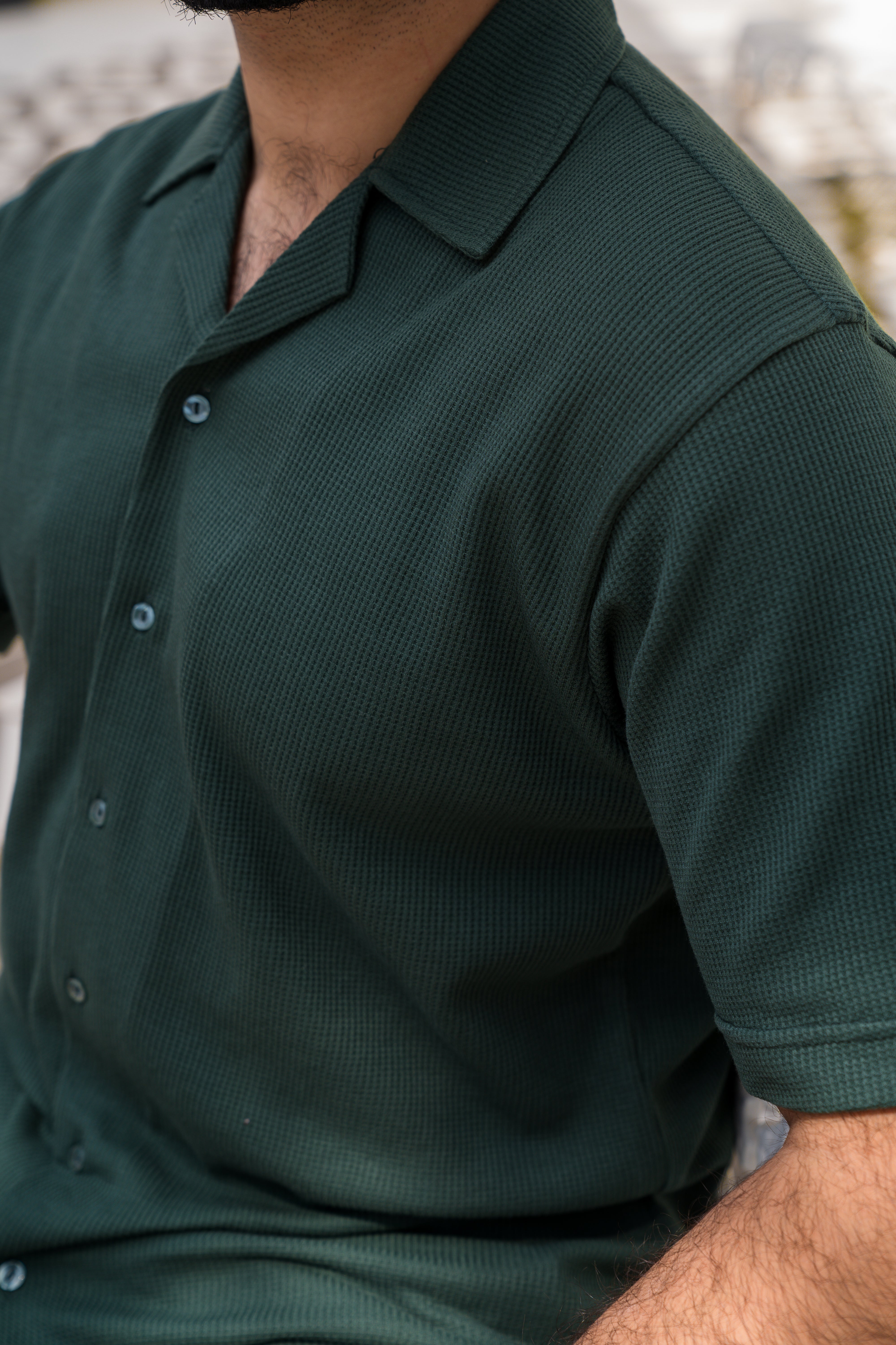 Dark Green Waffle Knit Cuban Collar Shirt (Men)