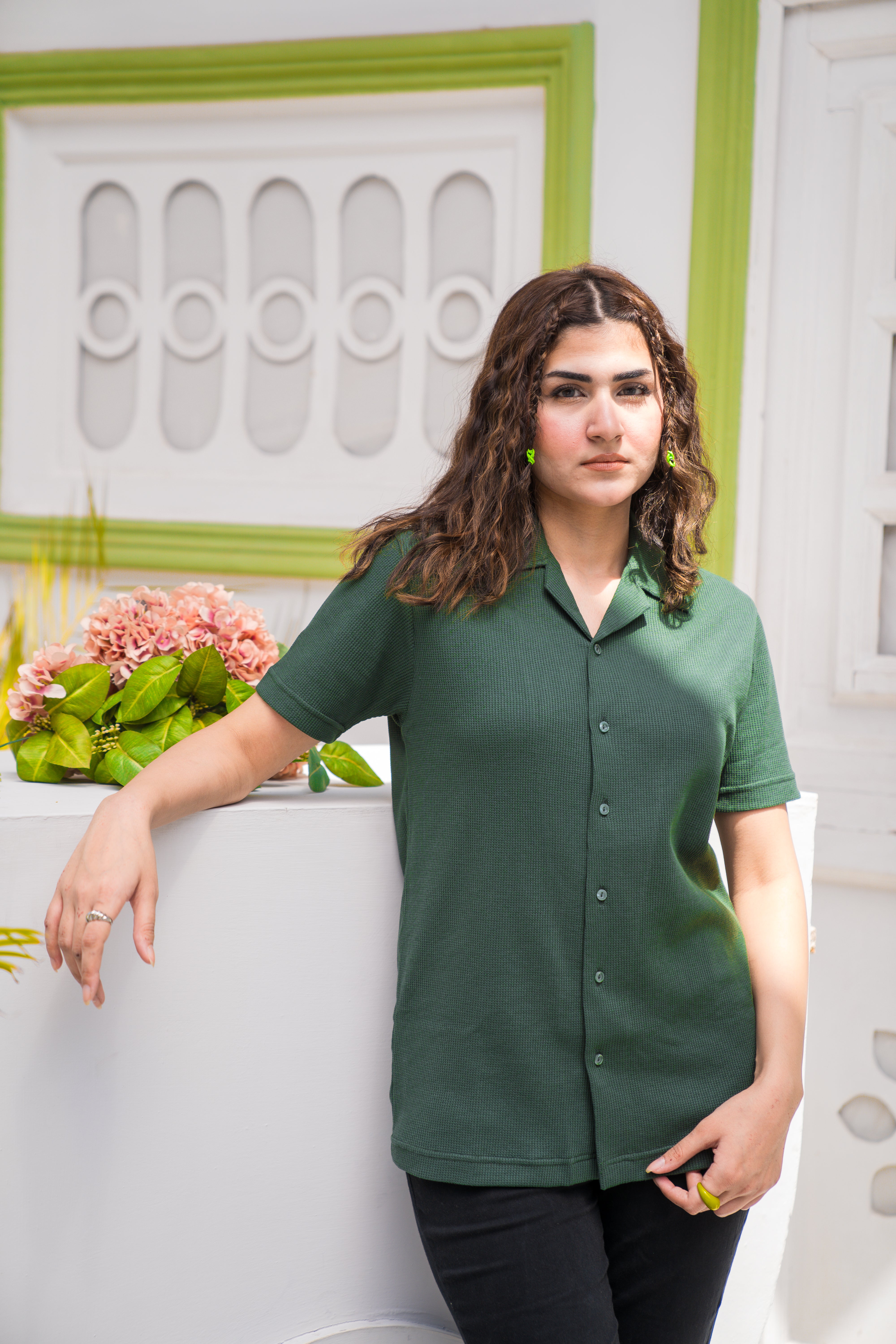 Dark Green Waffle Knit Cuban Collar Shirt