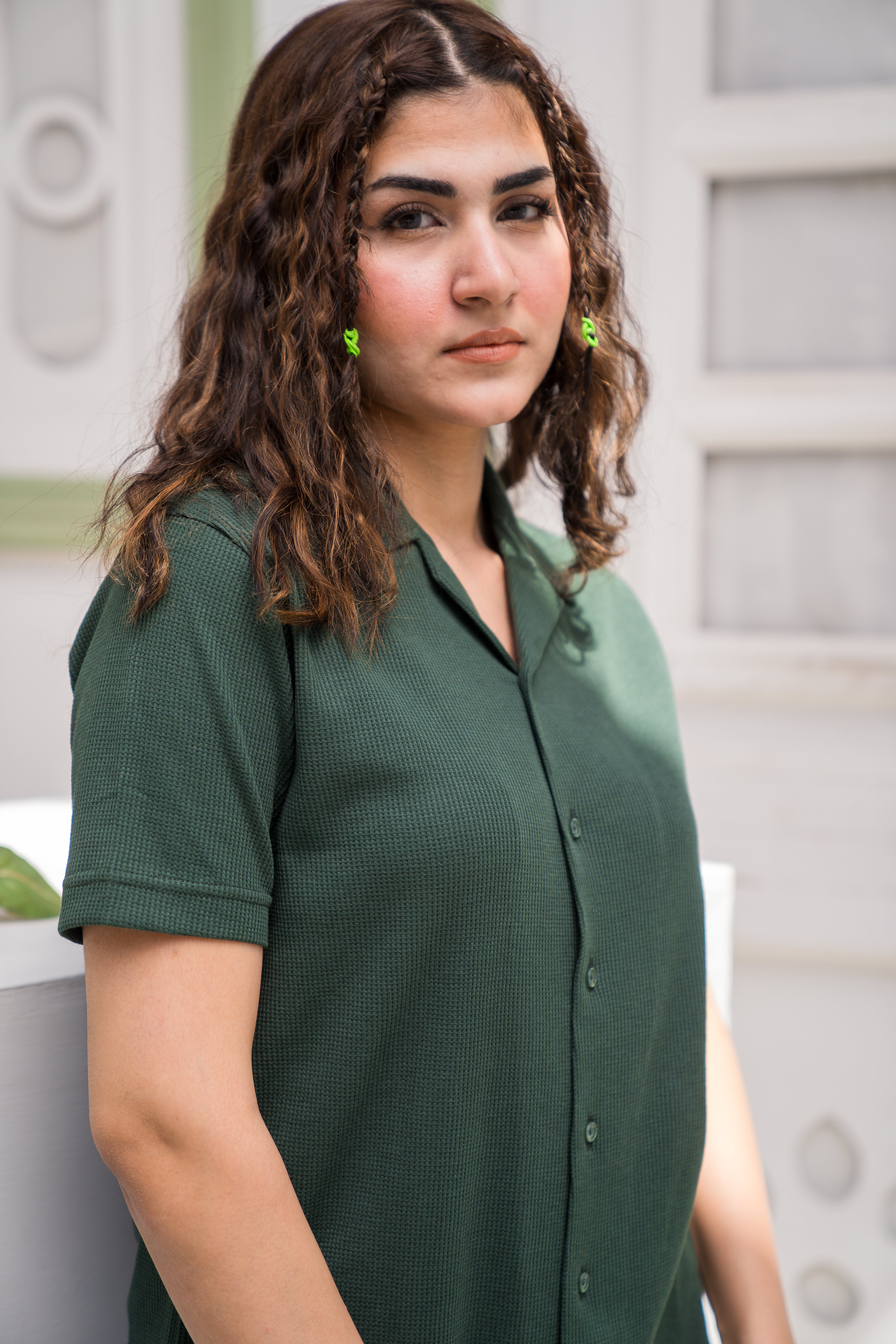 Dark Green Waffle Knit Cuban Collar Shirt