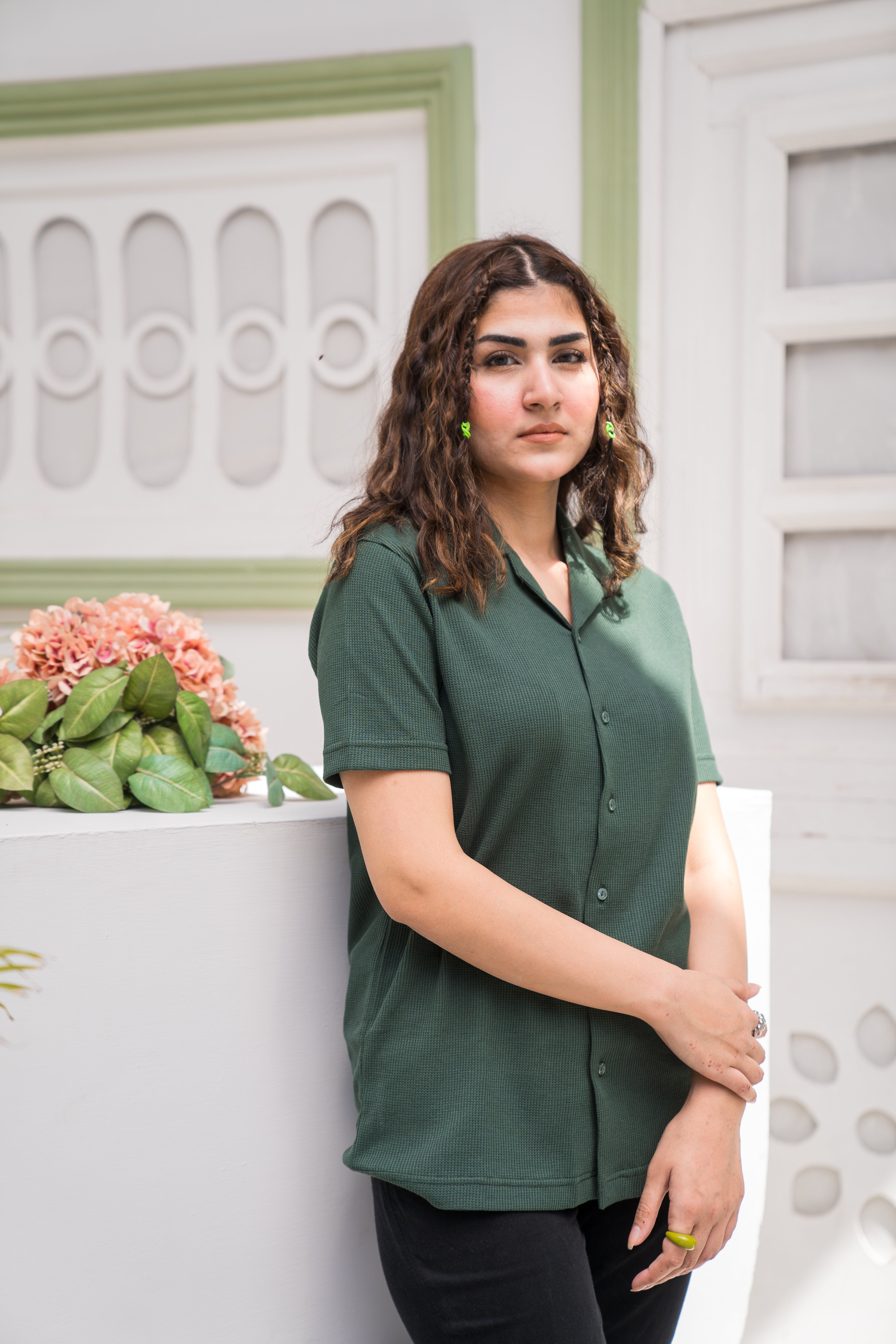 Dark Green Waffle Knit Cuban Collar Shirt