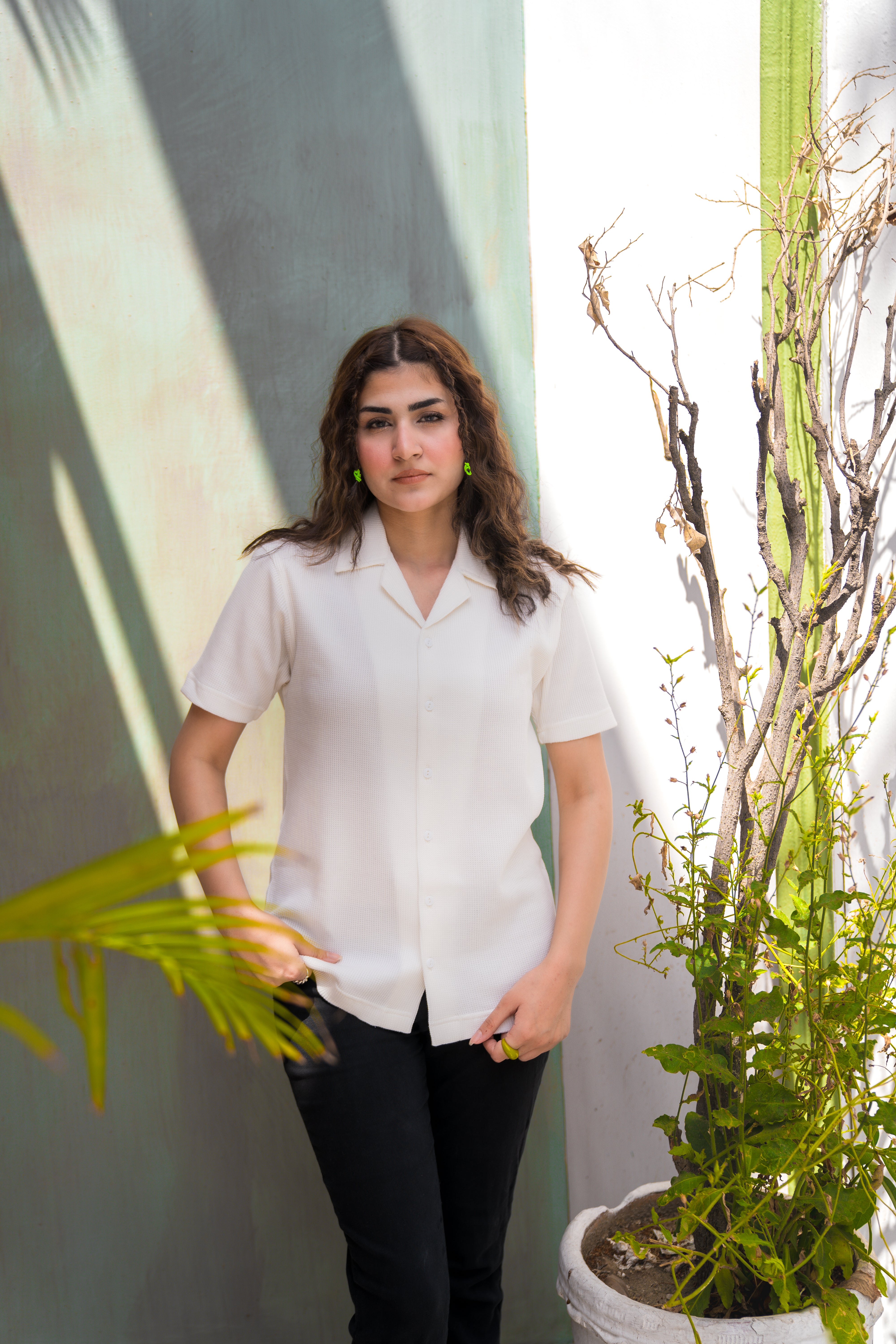 White Waffle Knit Cuban Collar Shirt