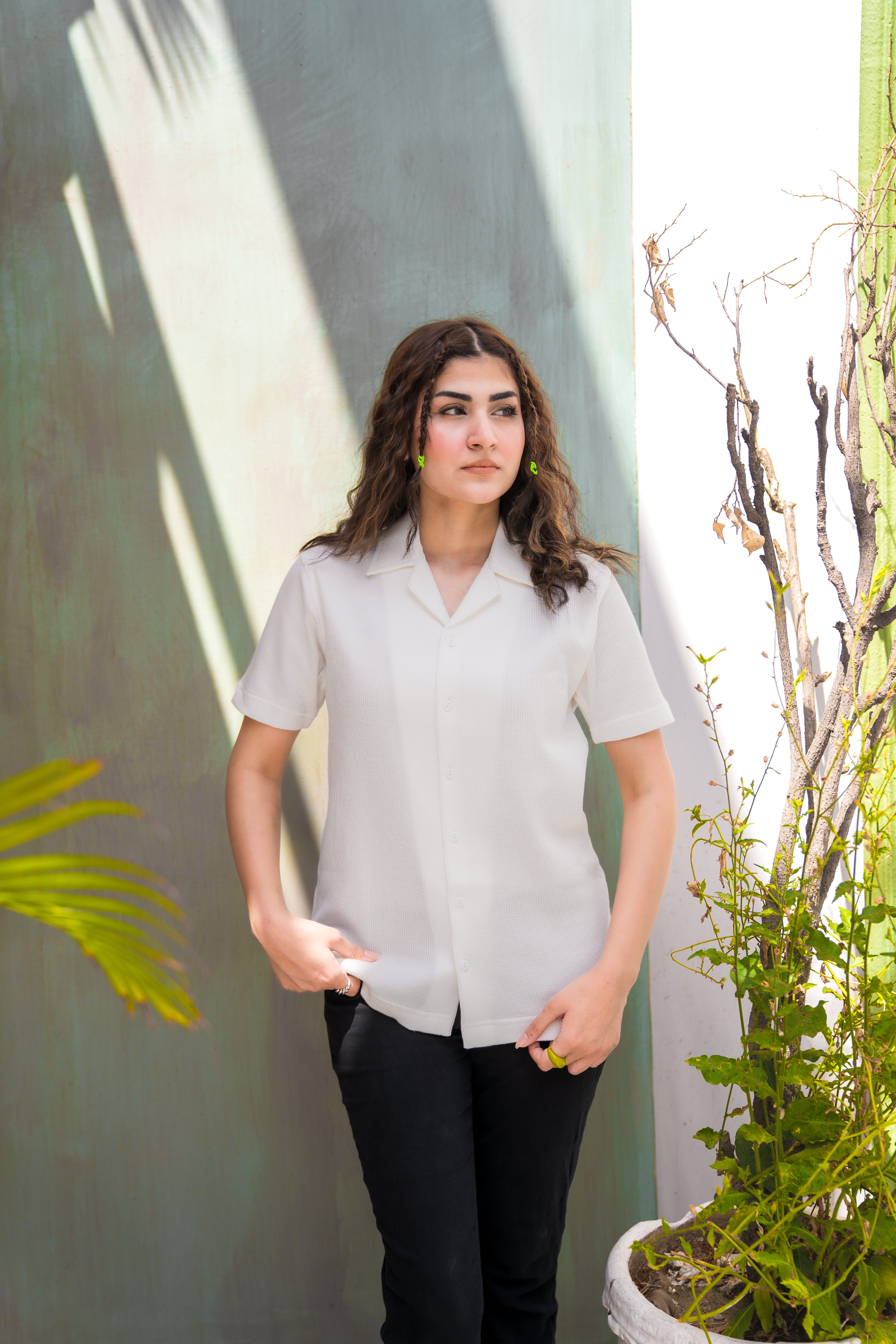 White Waffle Knit Cuban Collar Shirt