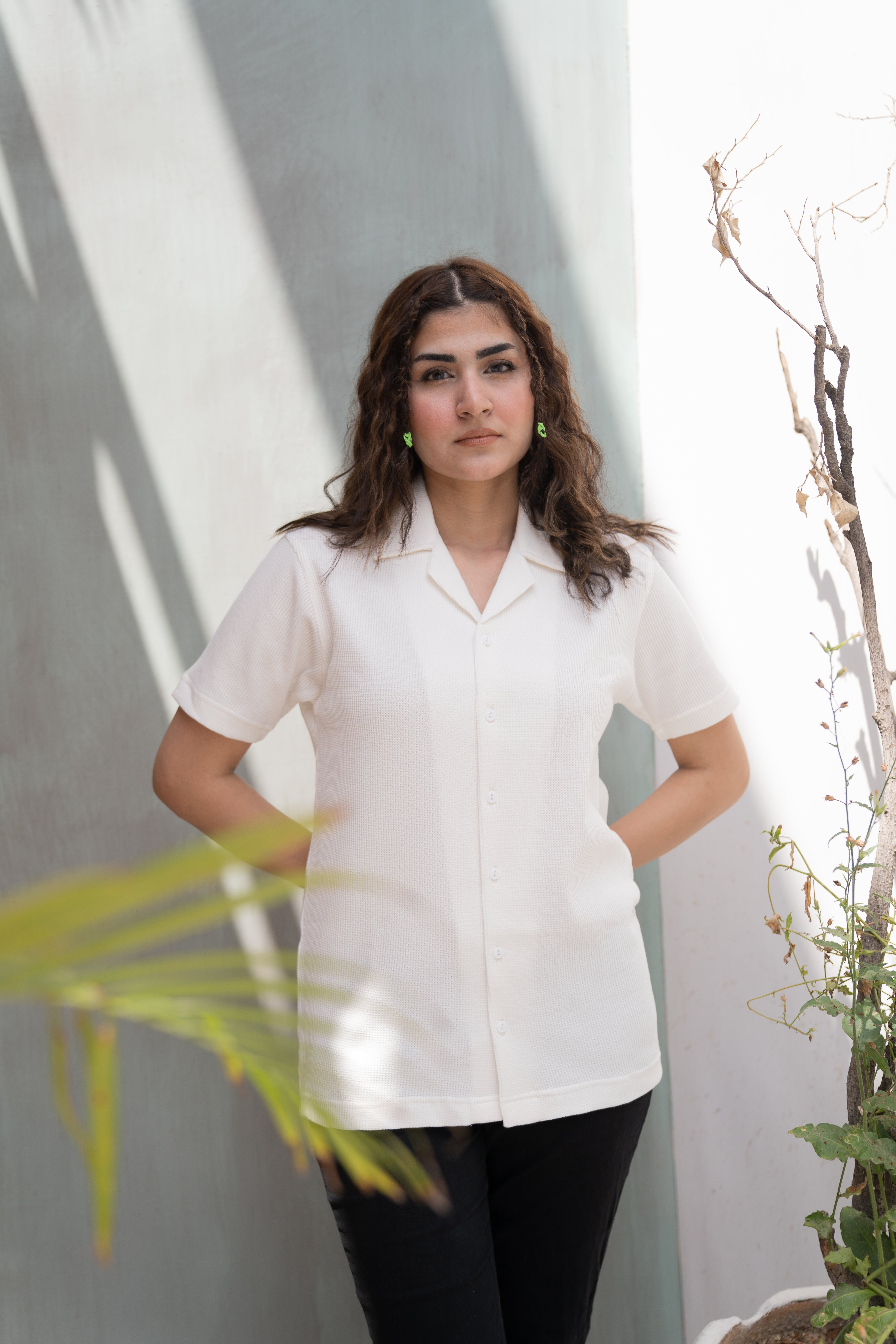 White Waffle Knit Cuban Collar Shirt