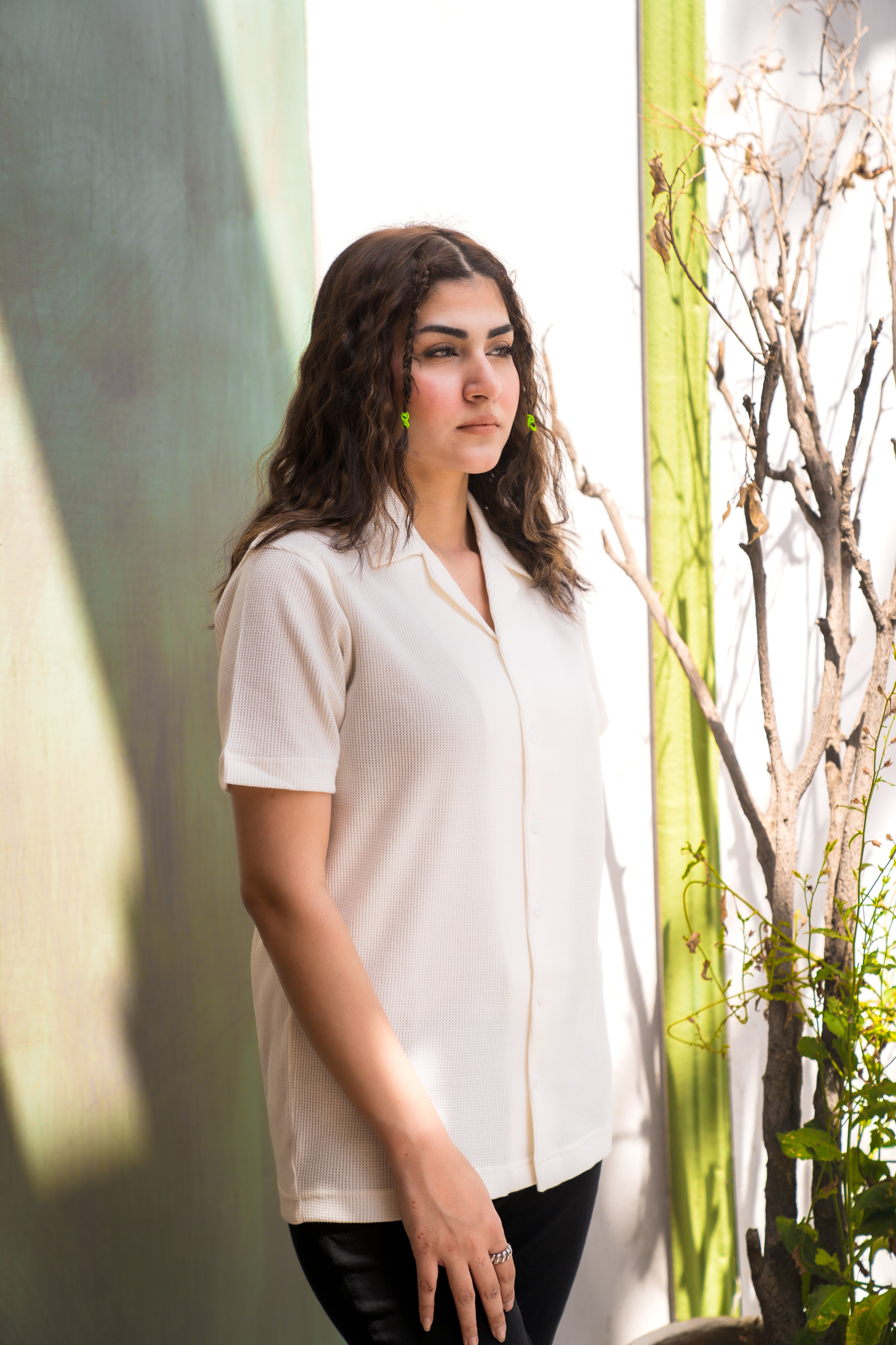 White Waffle Knit Cuban Collar Shirt