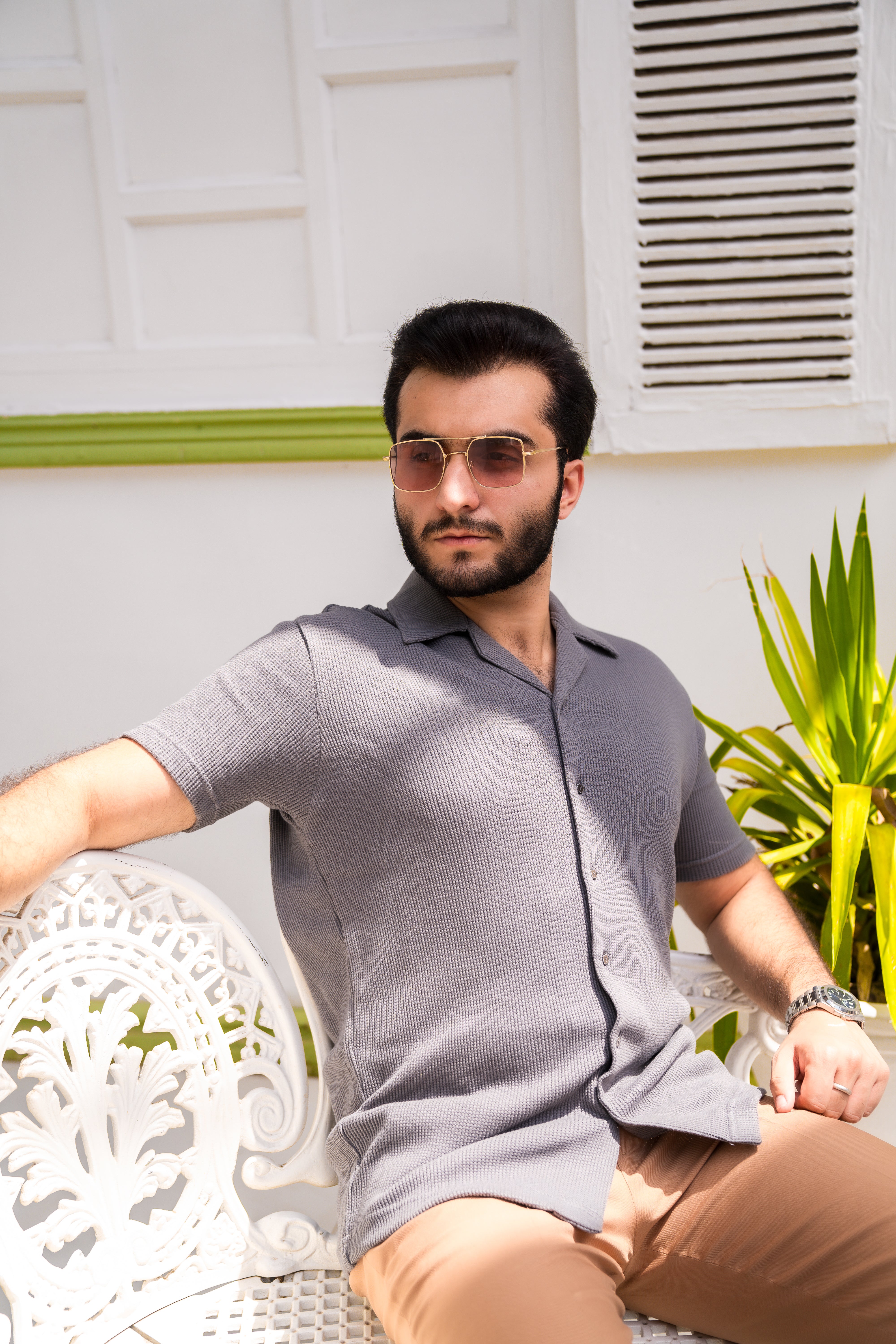 Grey Waffle Knit Cuban Collar Shirt (Men)