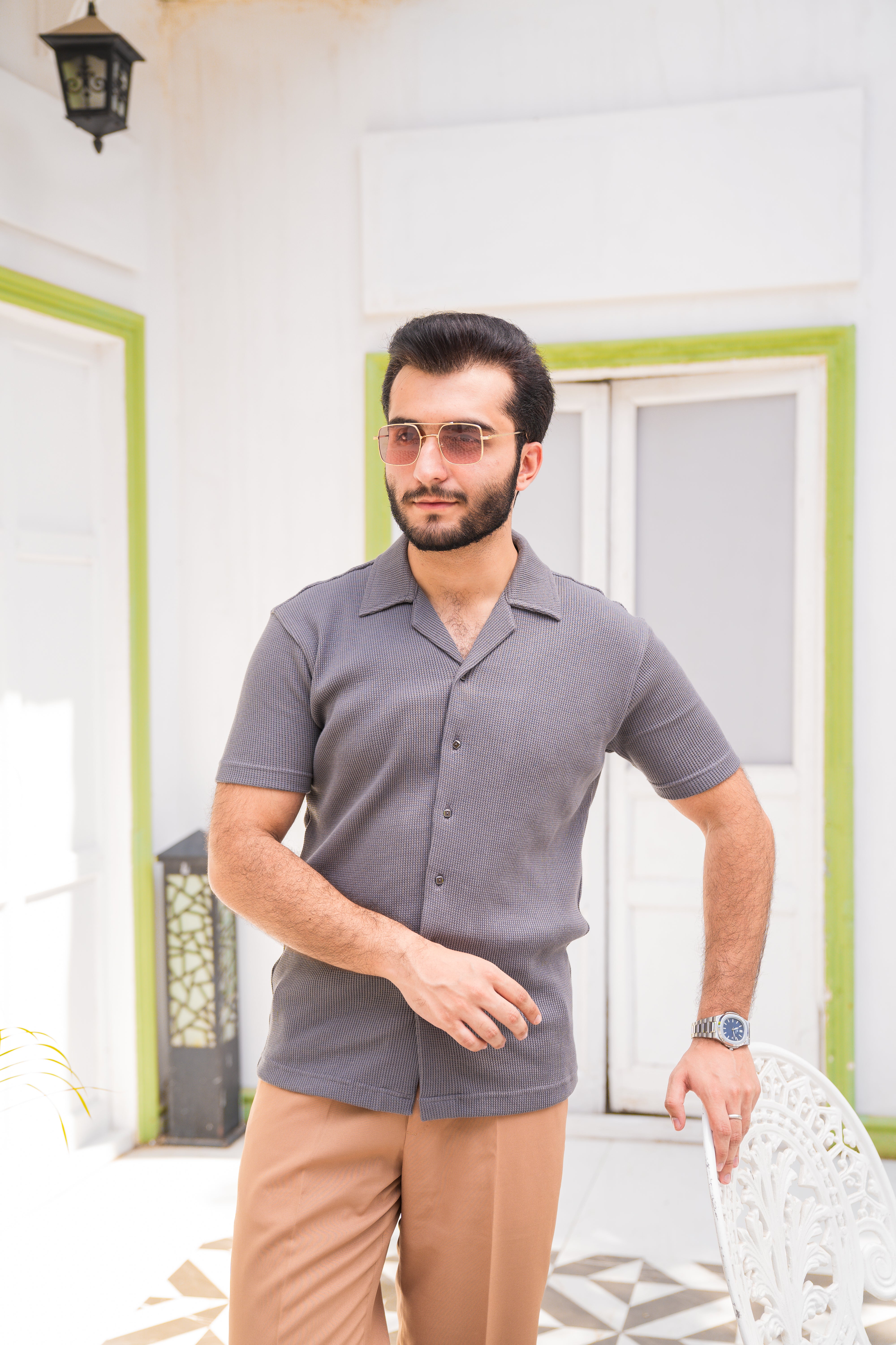 Grey Waffle Knit Cuban Collar Shirt (Men)