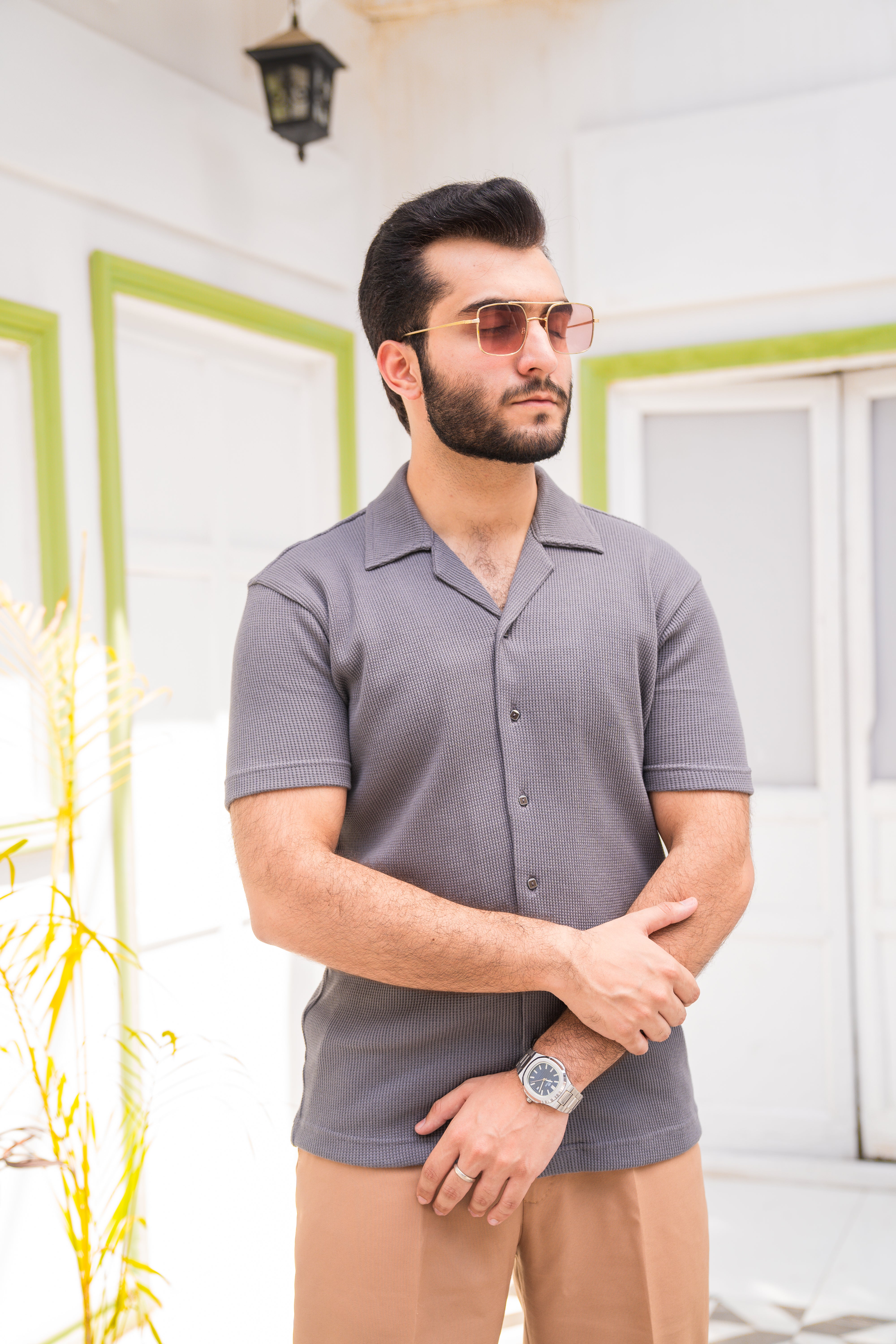 Grey Waffle Knit Cuban Collar Shirt (Men)