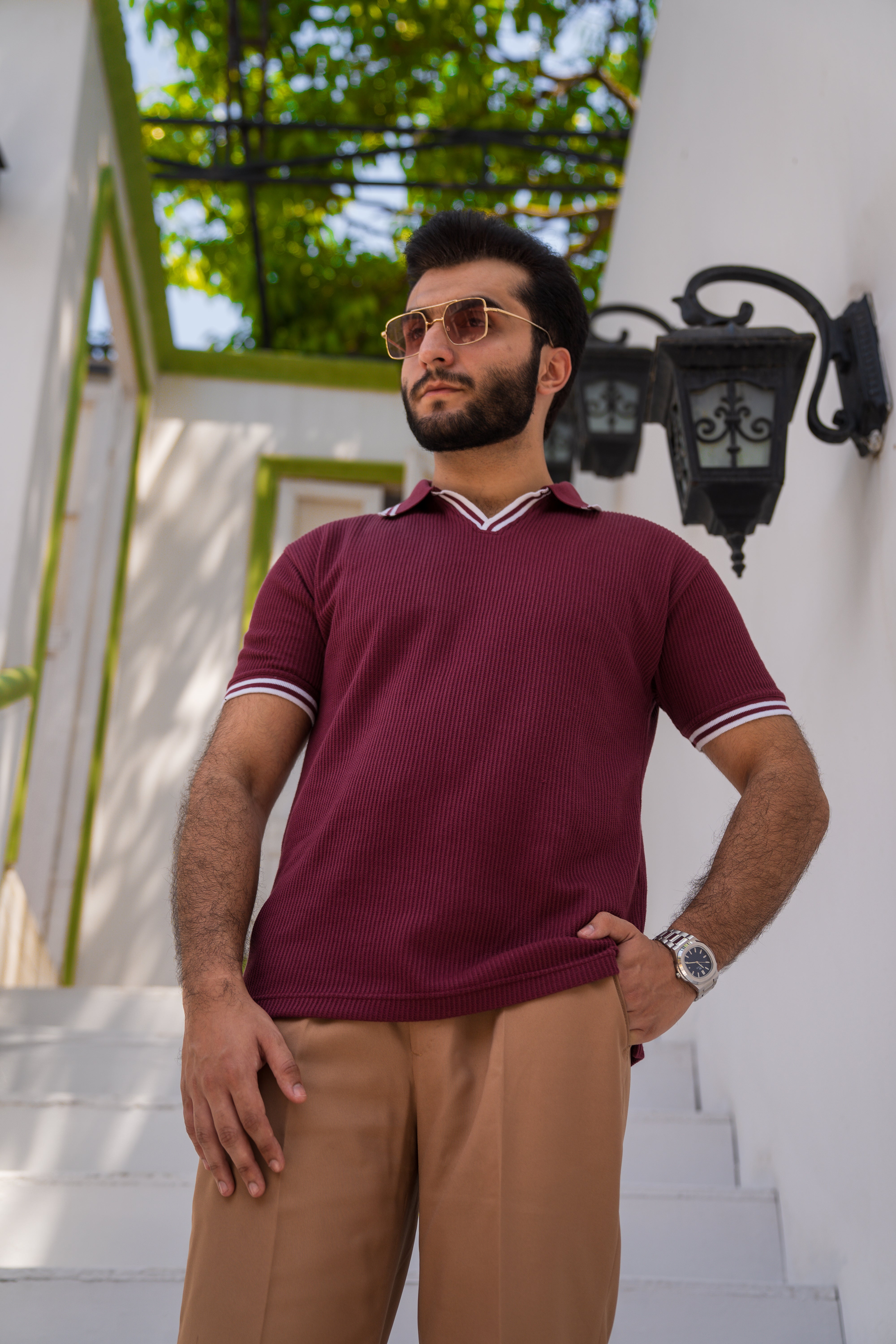 Wine French Knit Polo Shirt (Men)