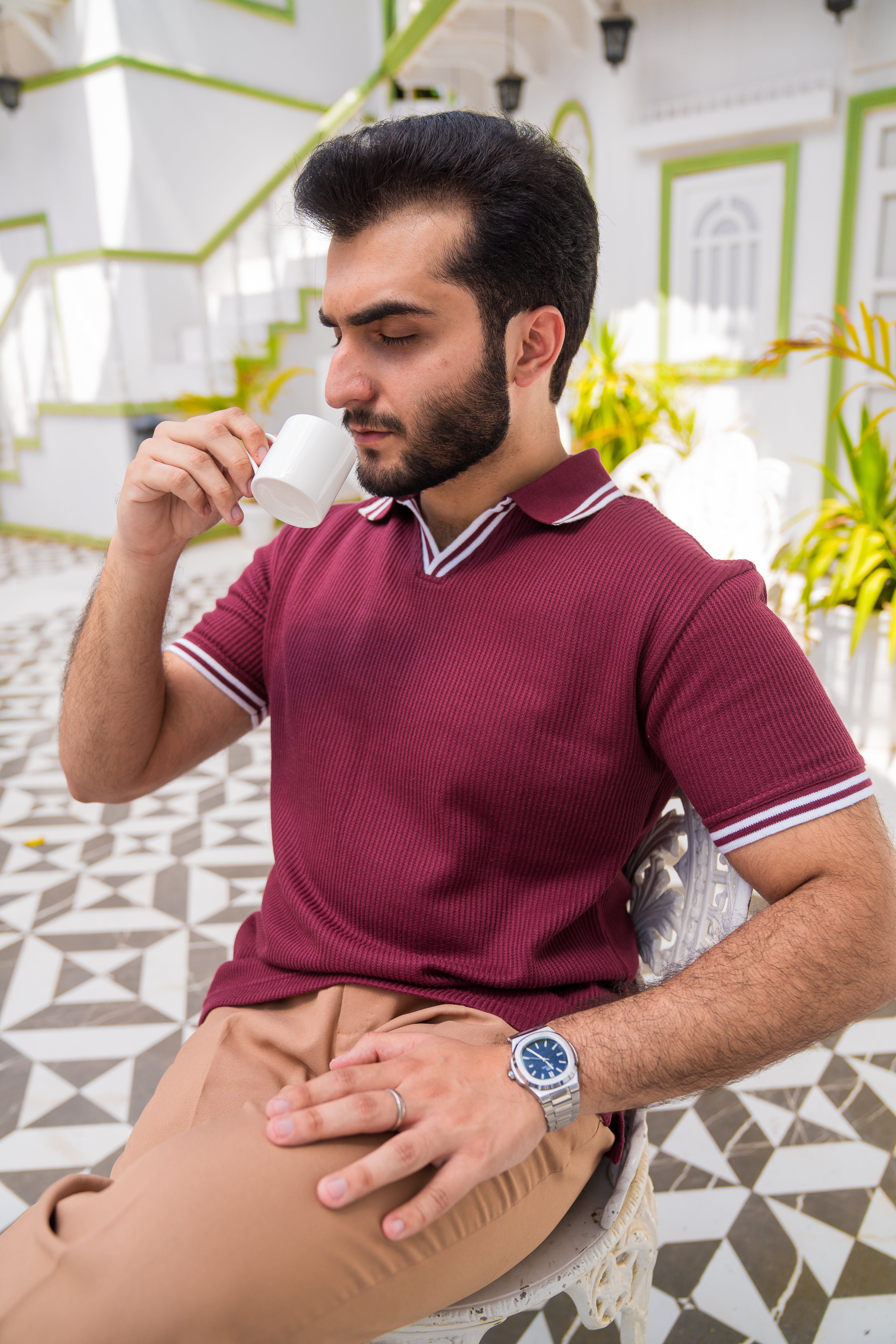 Wine French Knit Polo Shirt (Men)