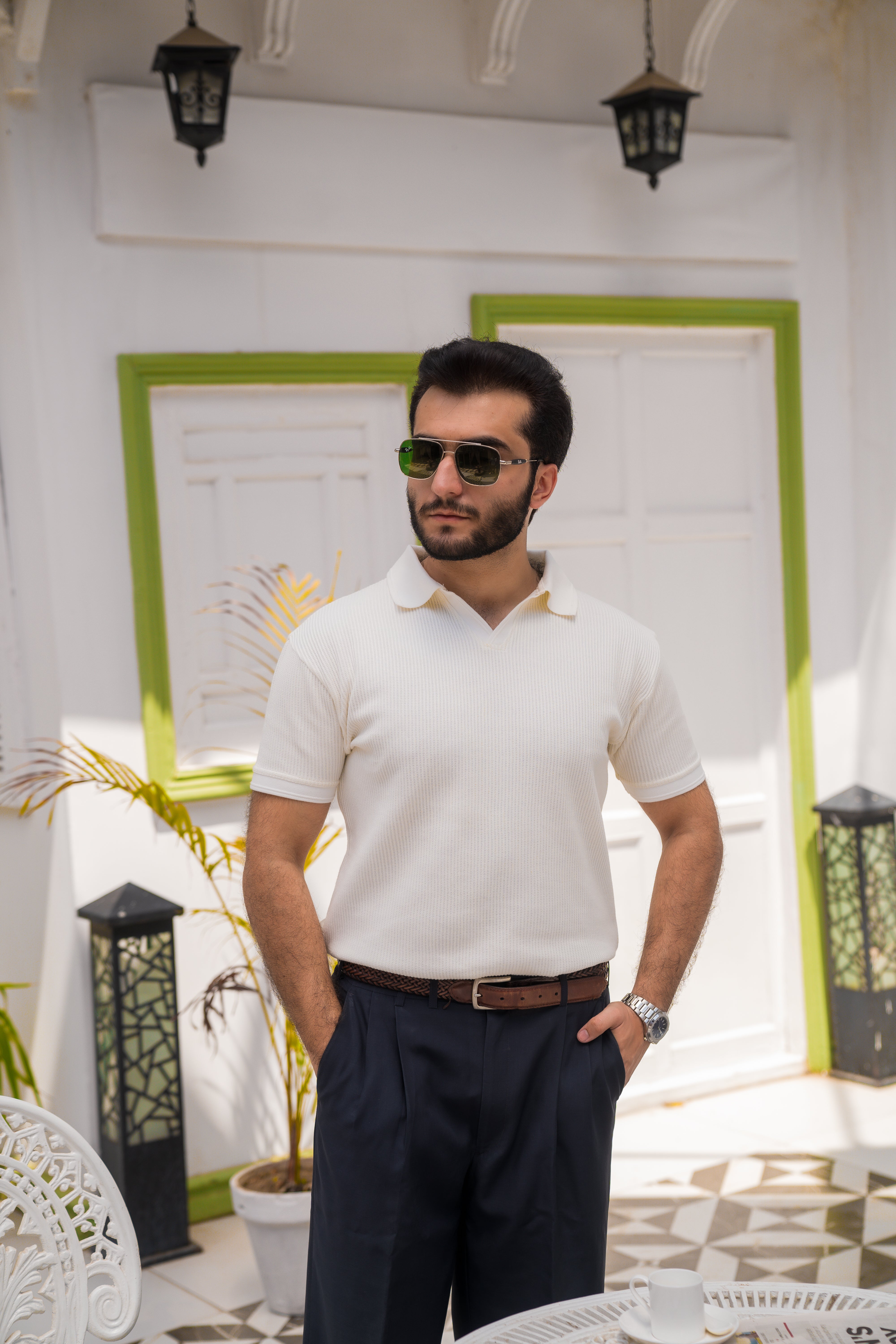 Cream French Knit Polo Shirt (Men)