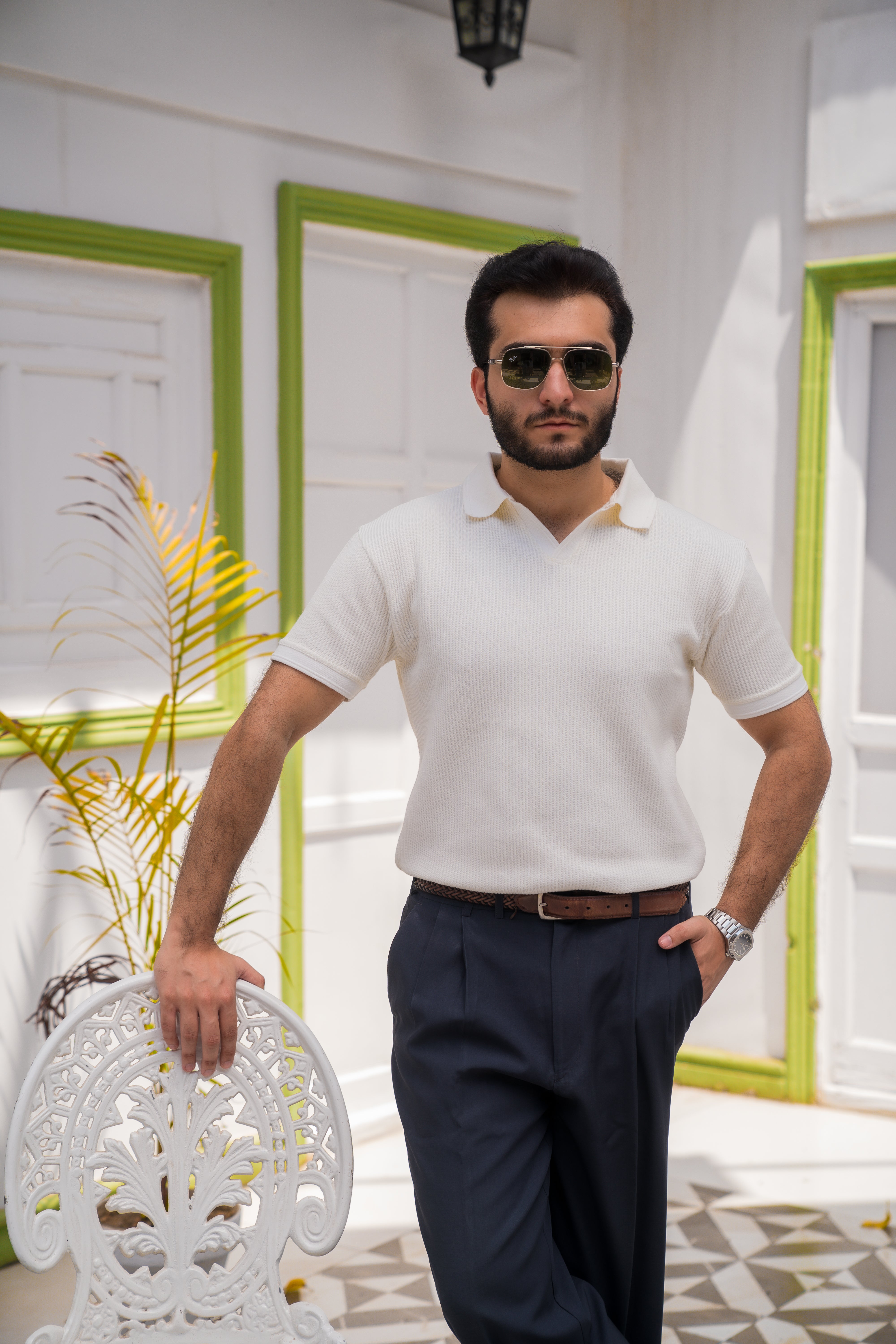 Cream French Knit Polo Shirt (Men)