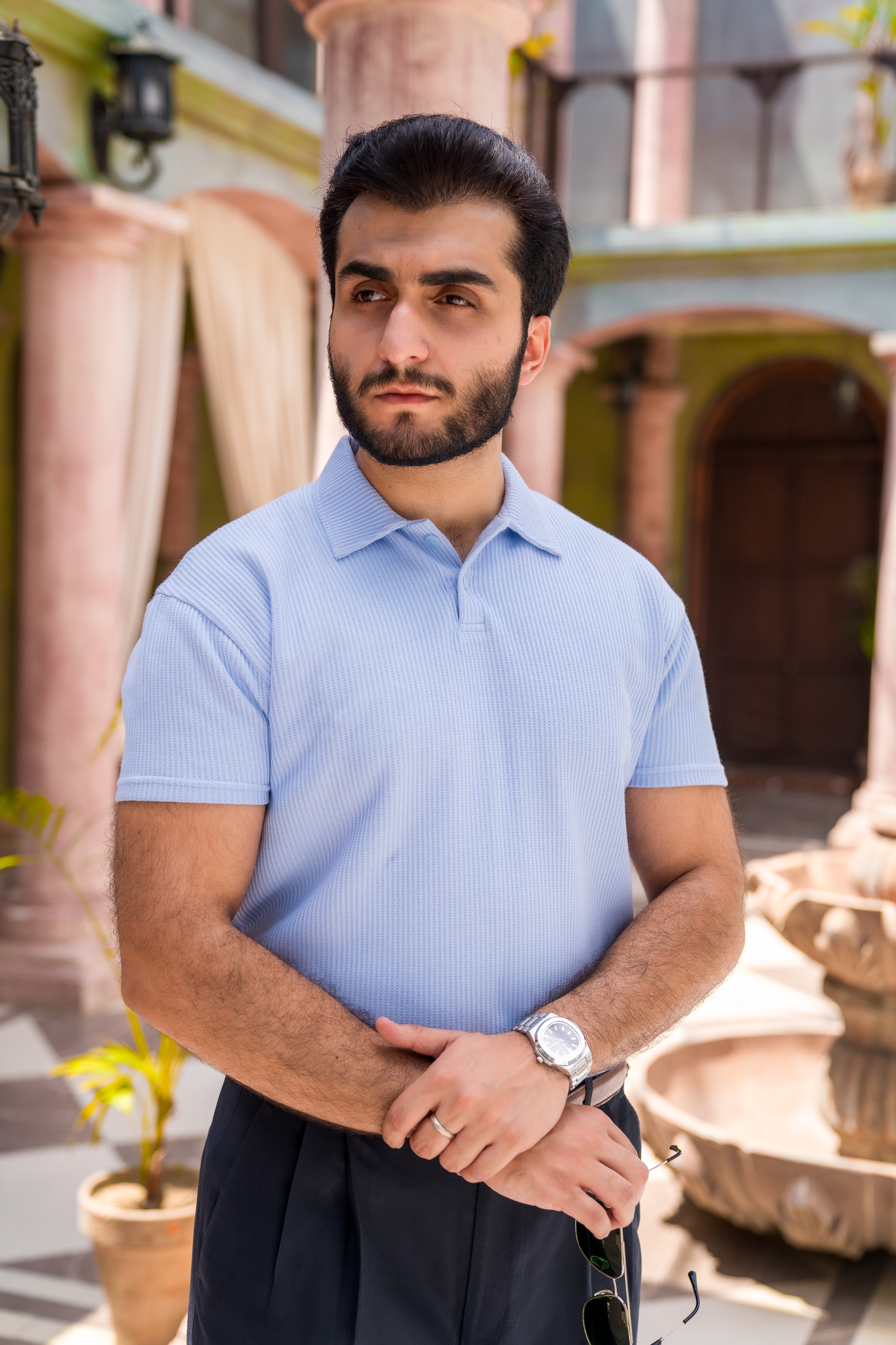 Sky Blue French Knit Polo Shirt (Men)