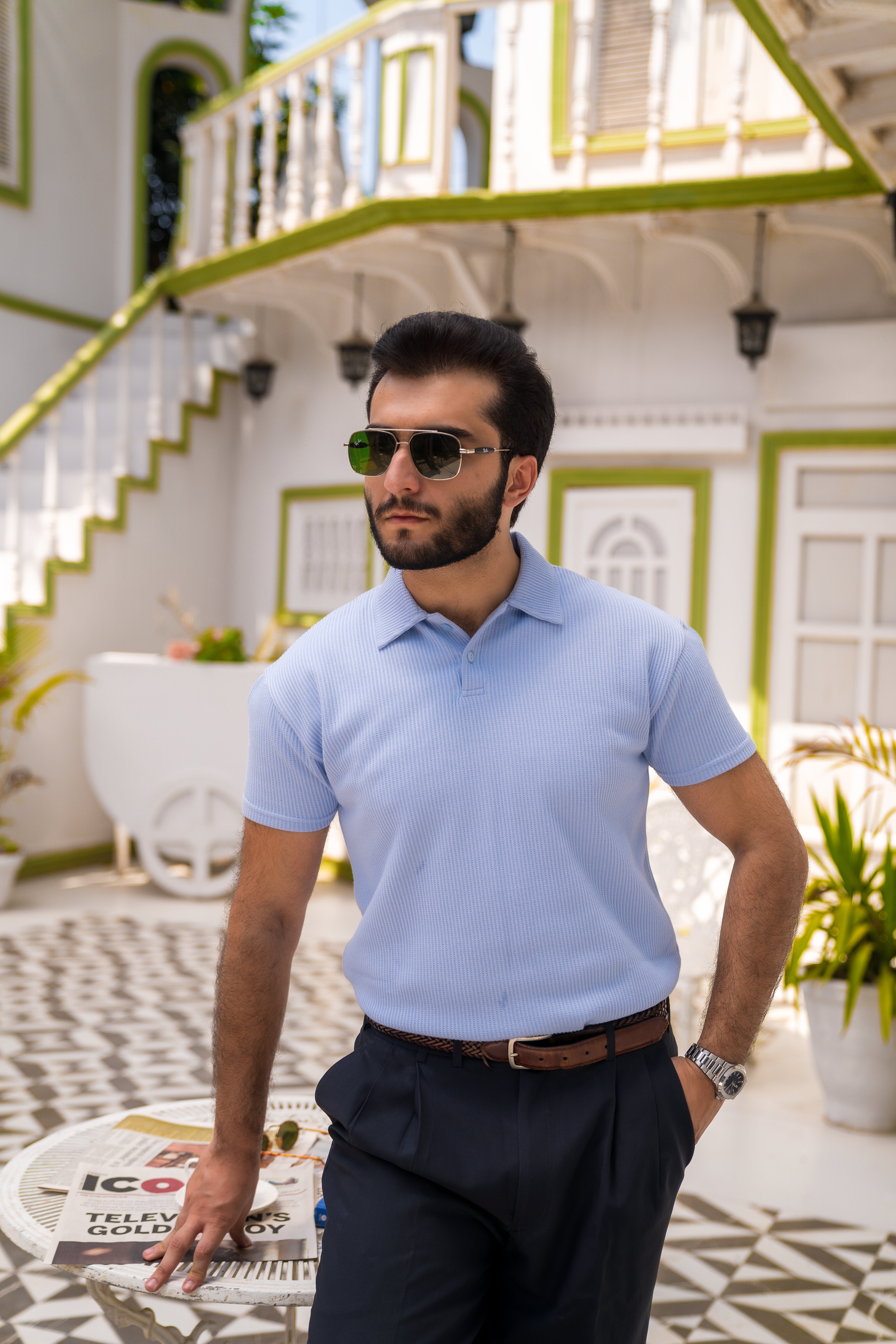 Sky Blue French Knit Polo Shirt (Men)
