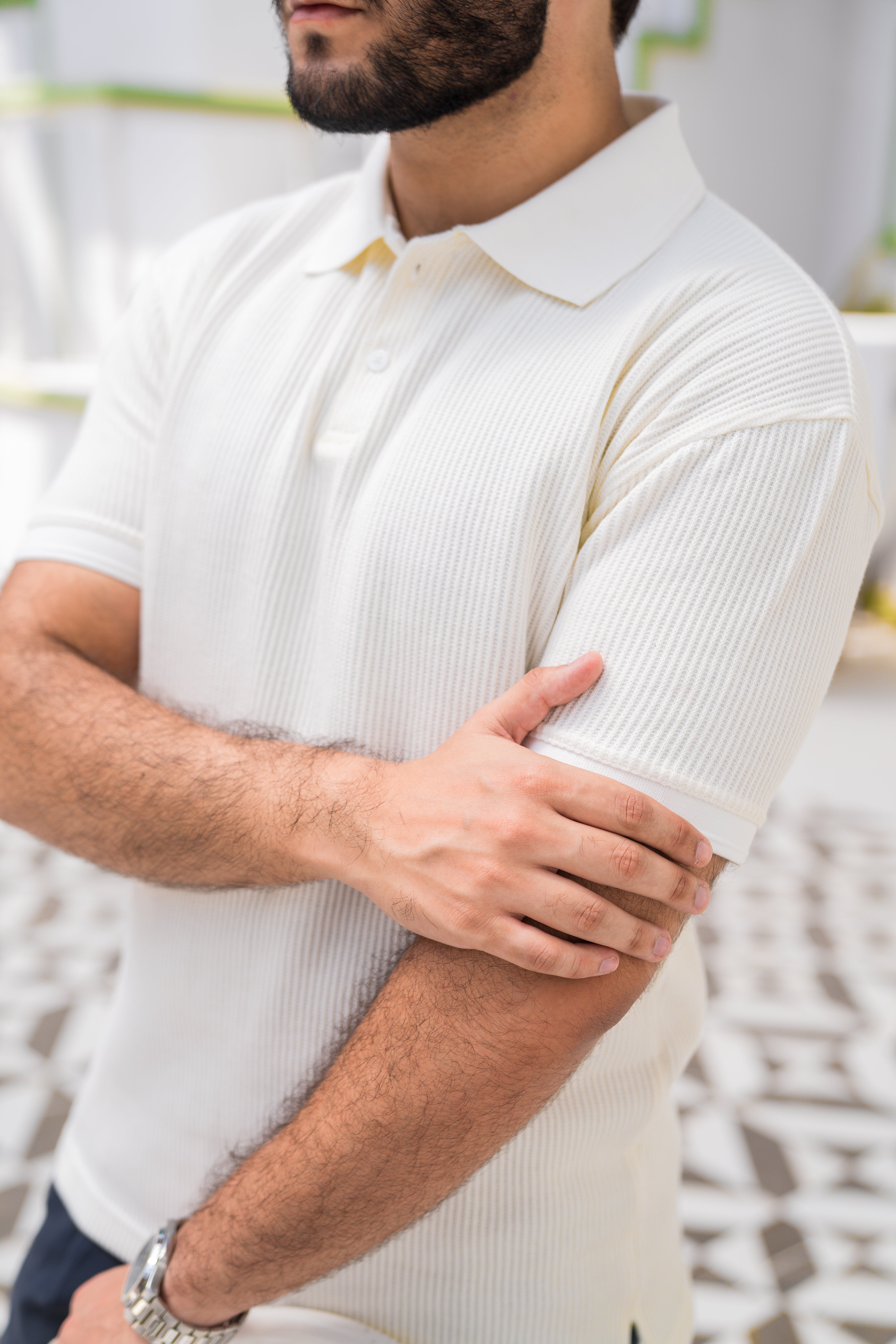 Cream French Knit Polo Shirt (Men)
