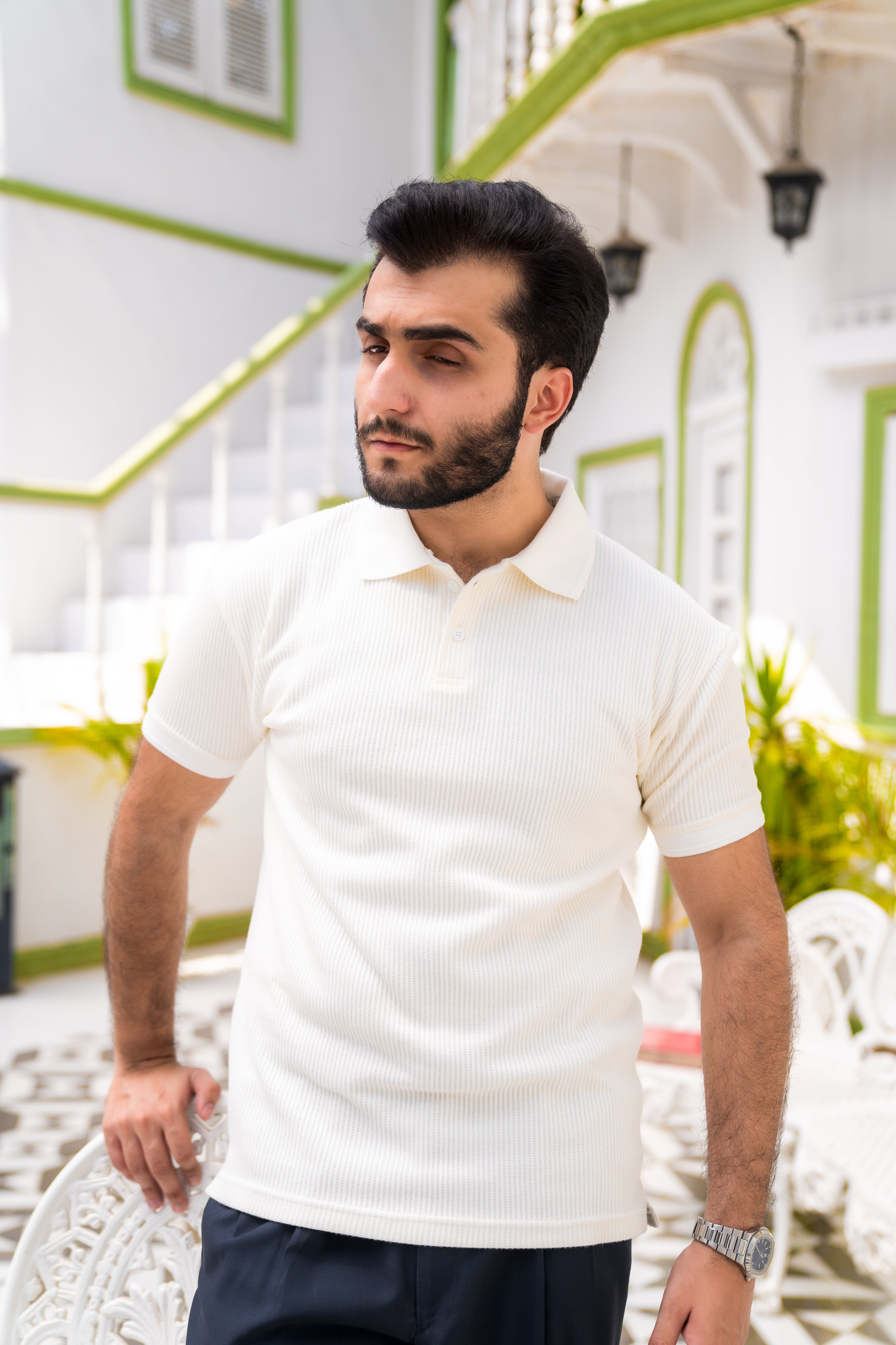 Cream French Knit Polo Shirt (Men)