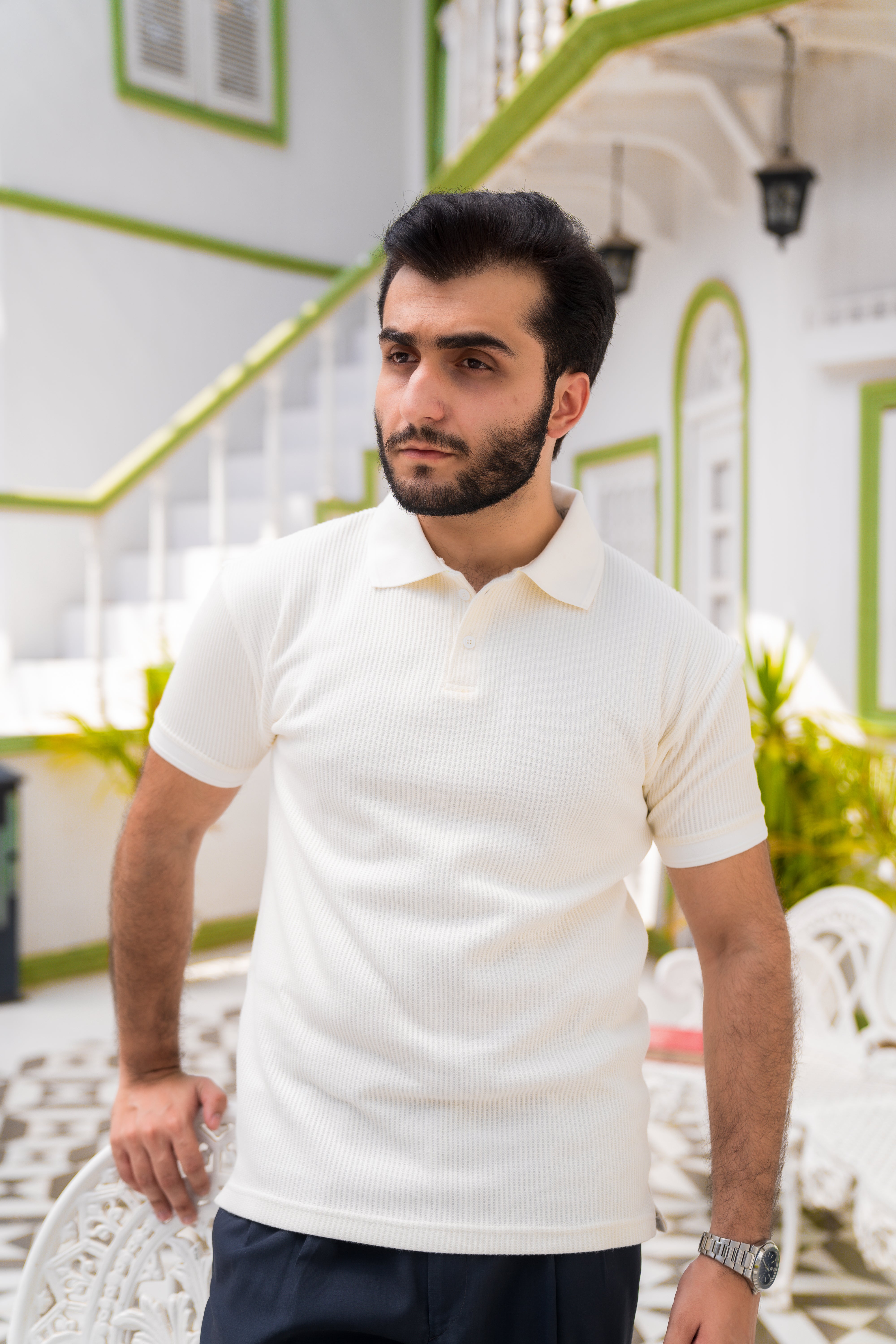 Cream French Knit Polo Shirt (Men)