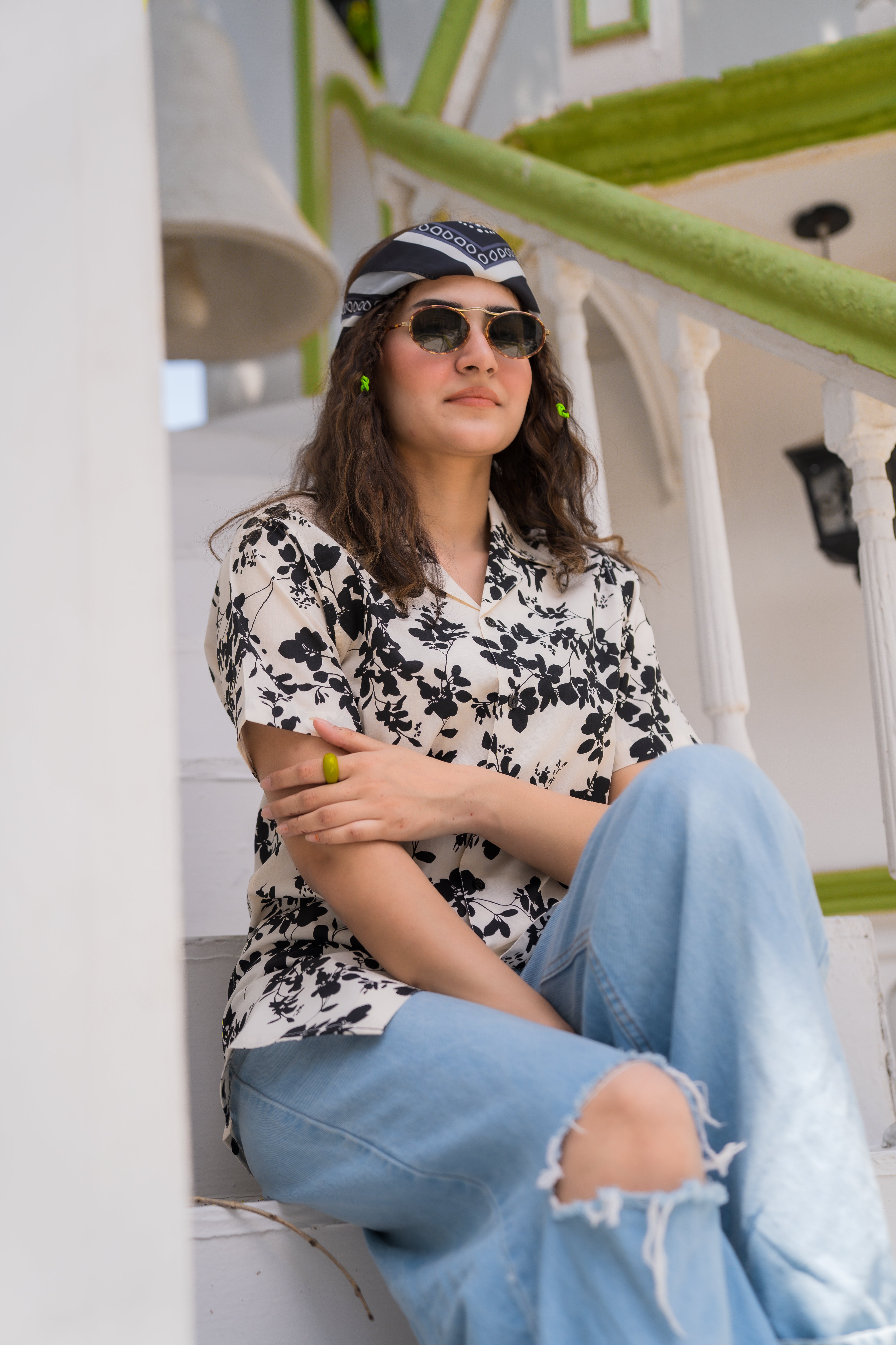 White Printed Cuban Collar Shirt