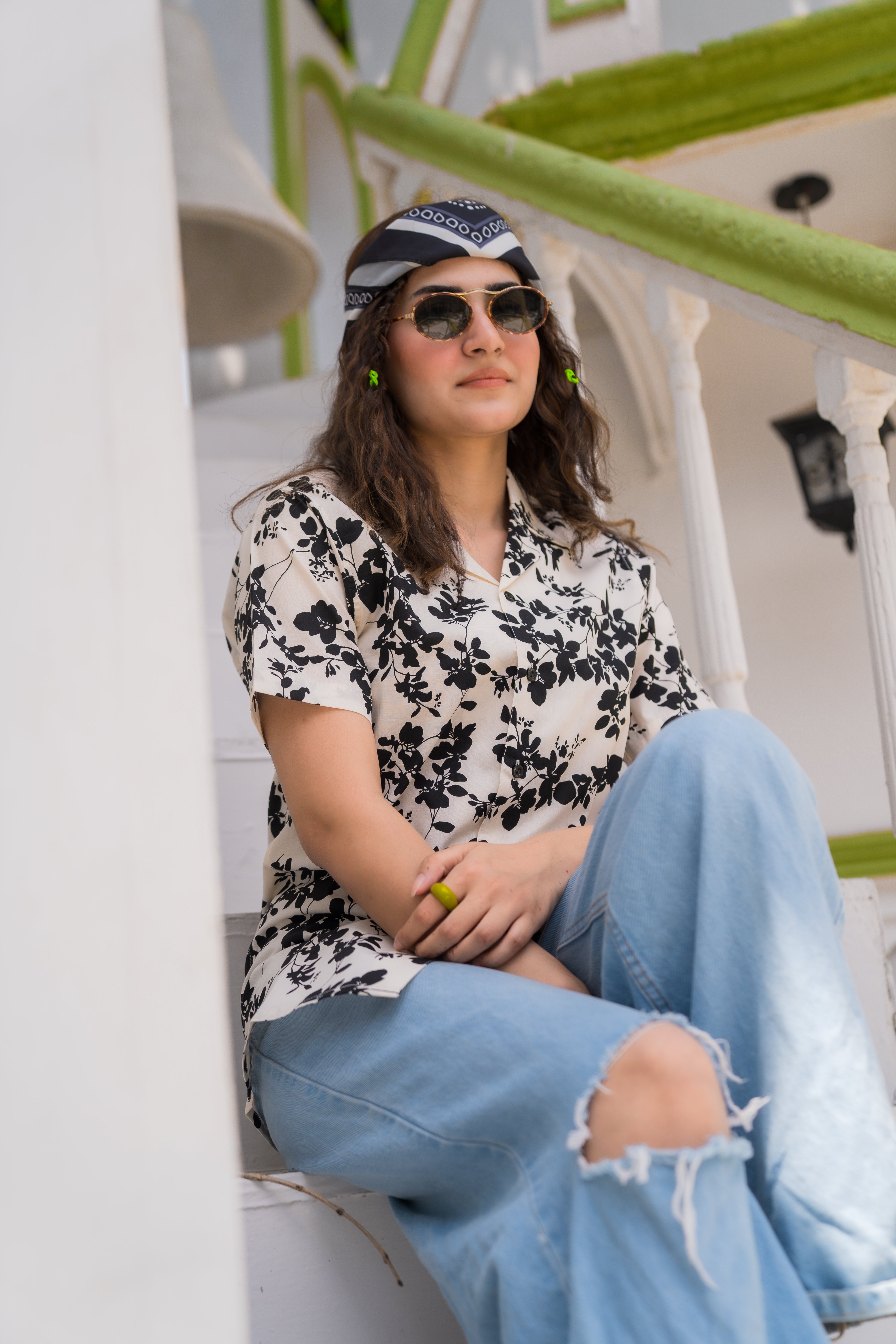 White Printed Cuban Collar Shirt
