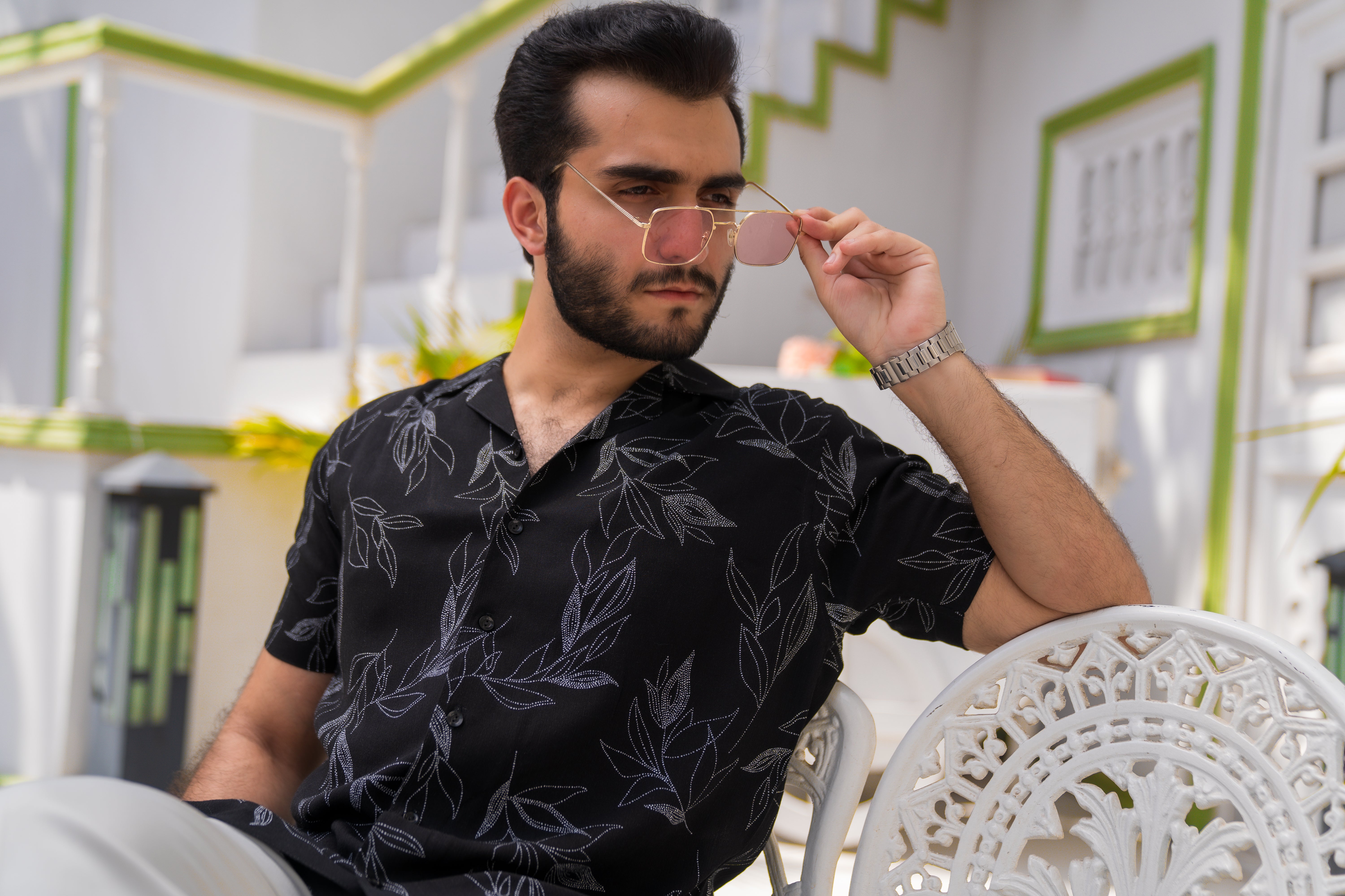 Black Printed Cuban Collar Shirt (Unisex)