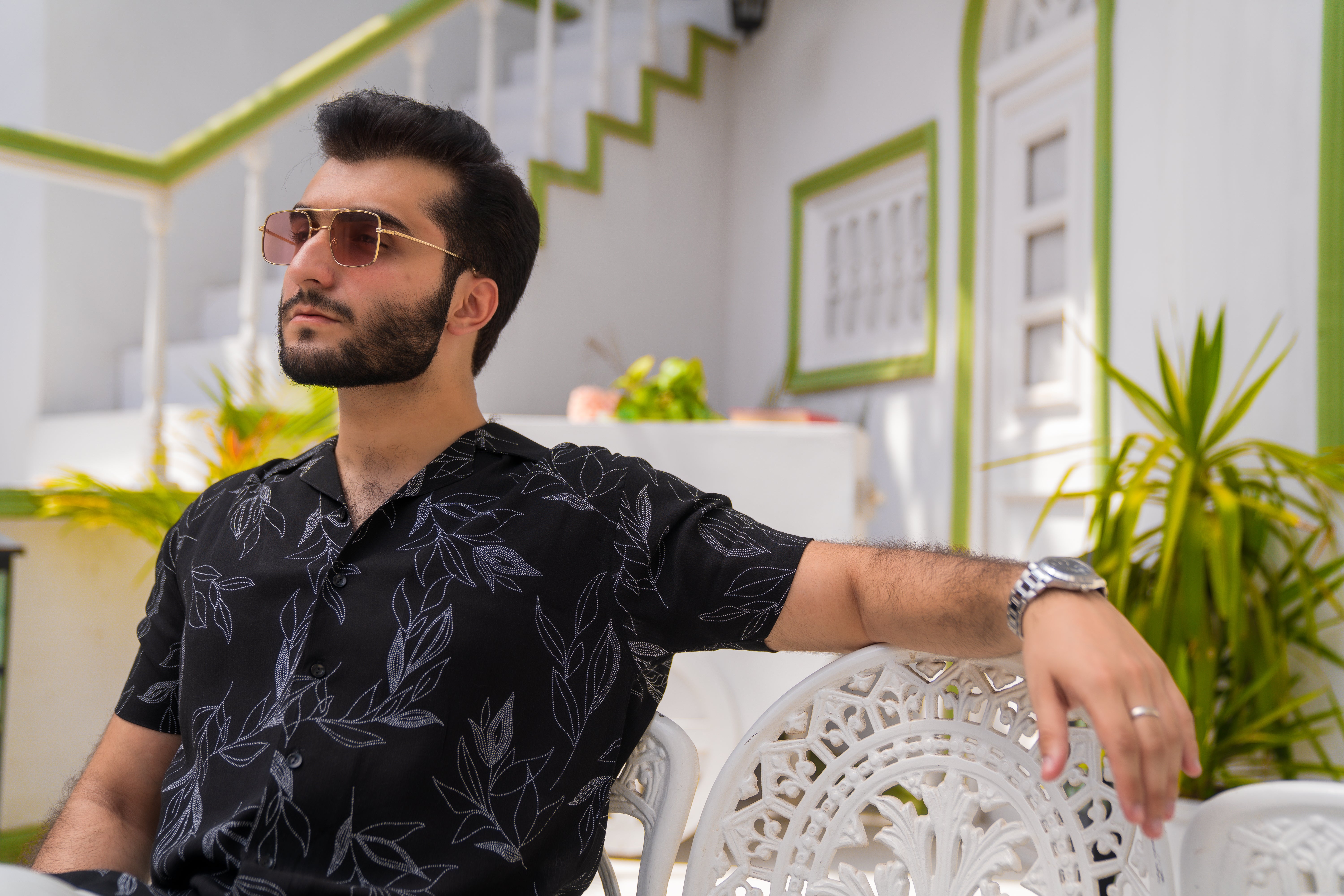 Black Printed Cuban Collar Shirt (Unisex)