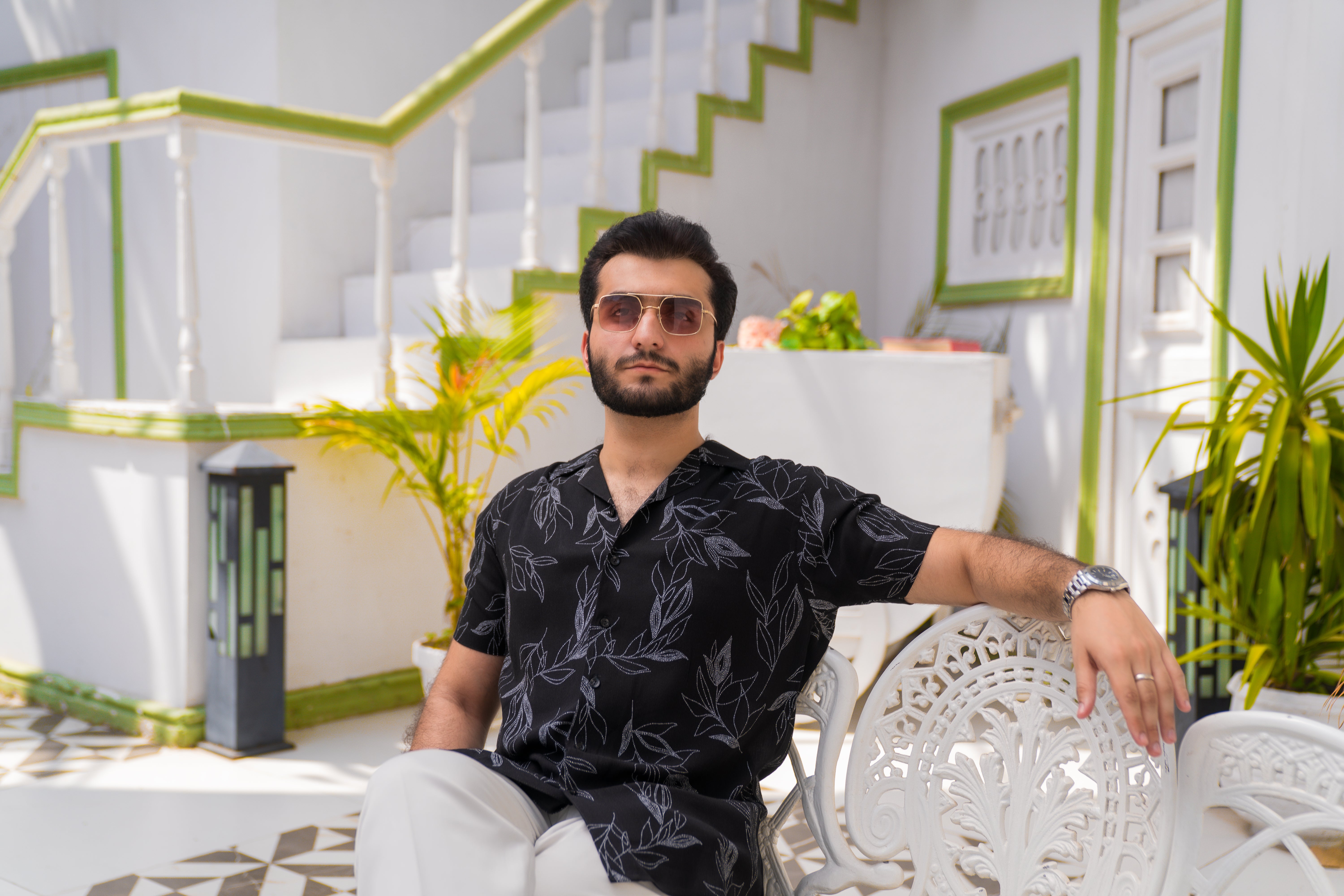 Black Printed Cuban Collar Shirt (Unisex)