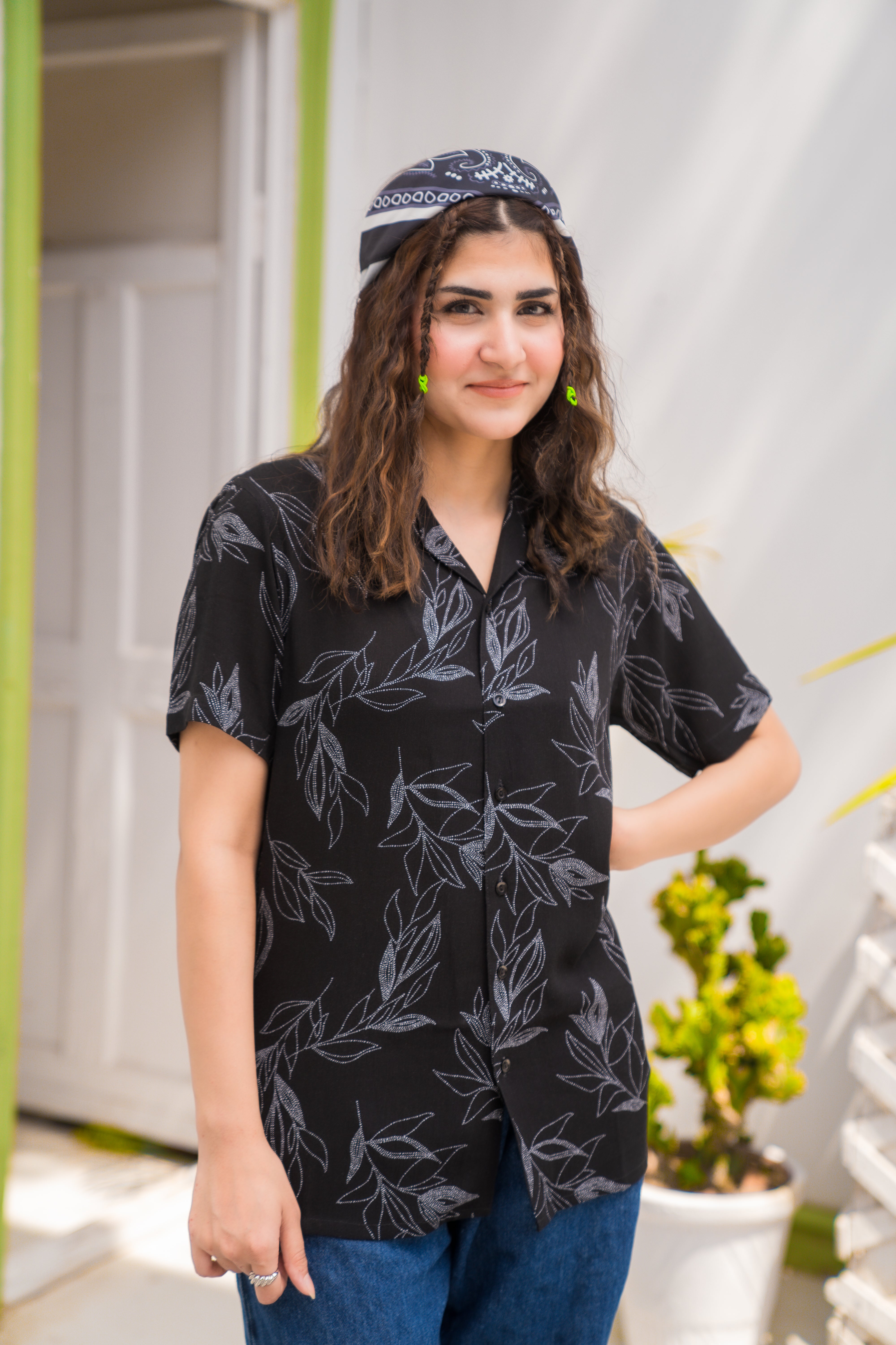 Black Printed Cuban Collar Shirt