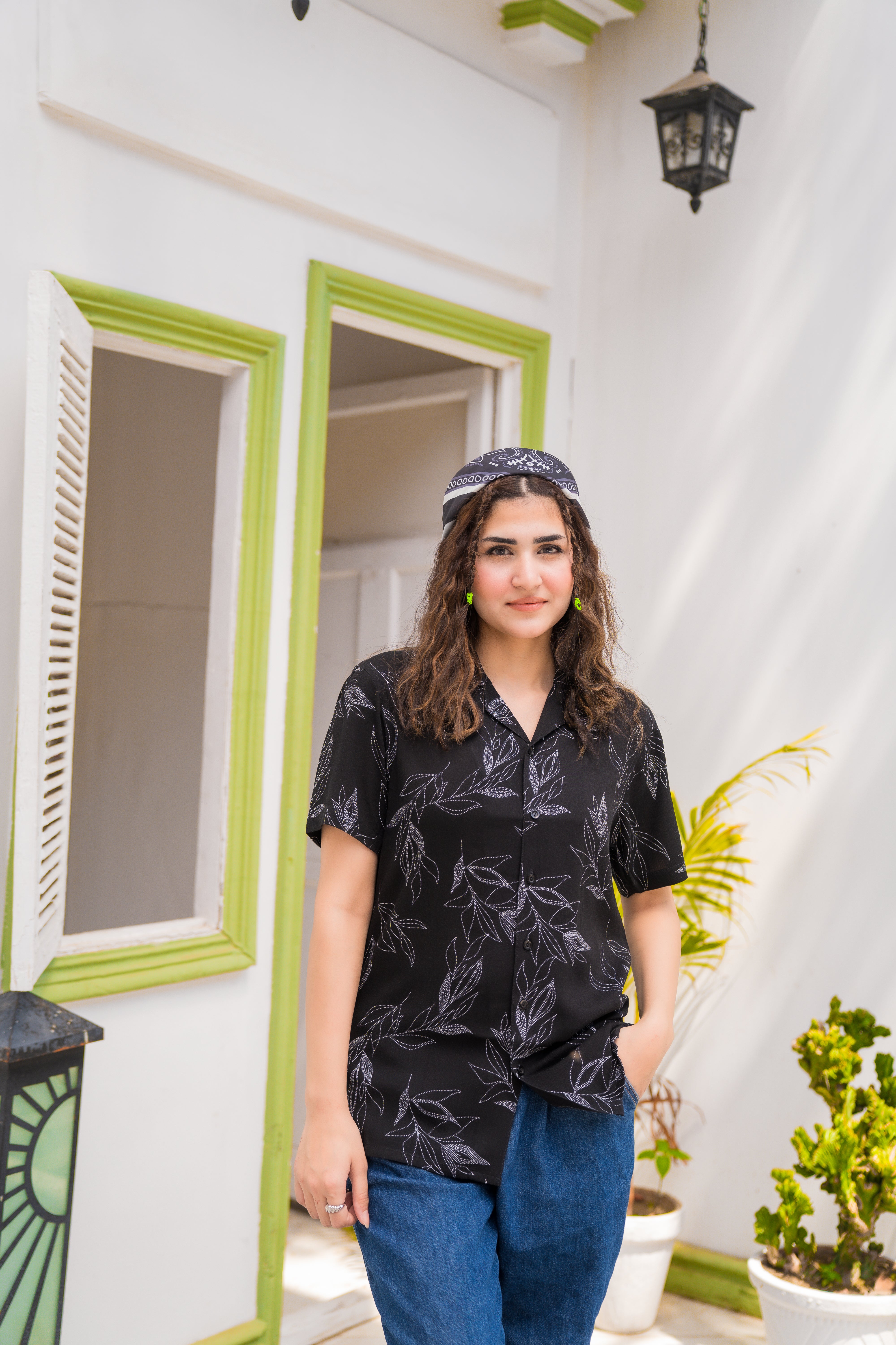 Black Printed Cuban Collar Shirt