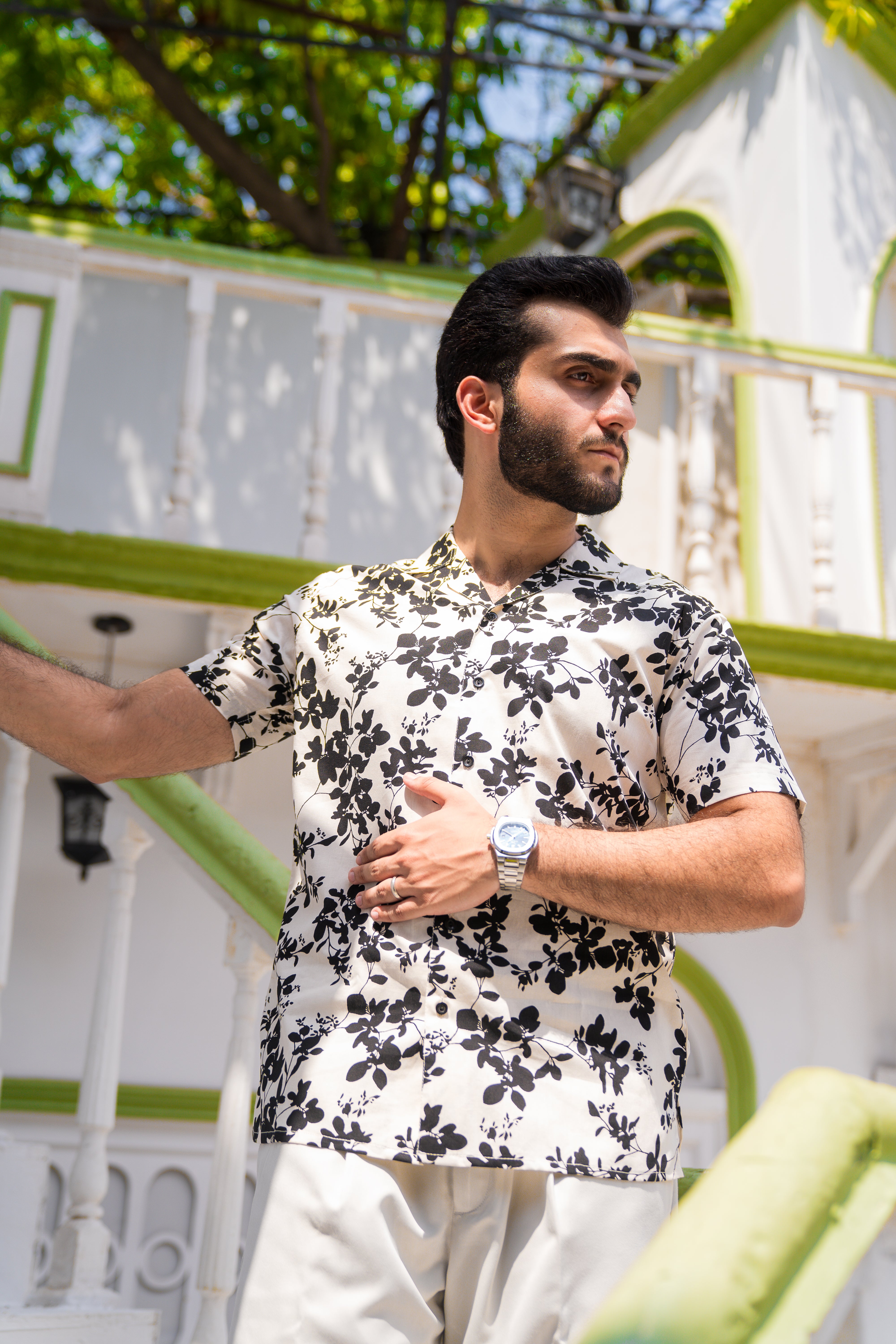 White Printed Cuban Collar Shirt (Unisex)