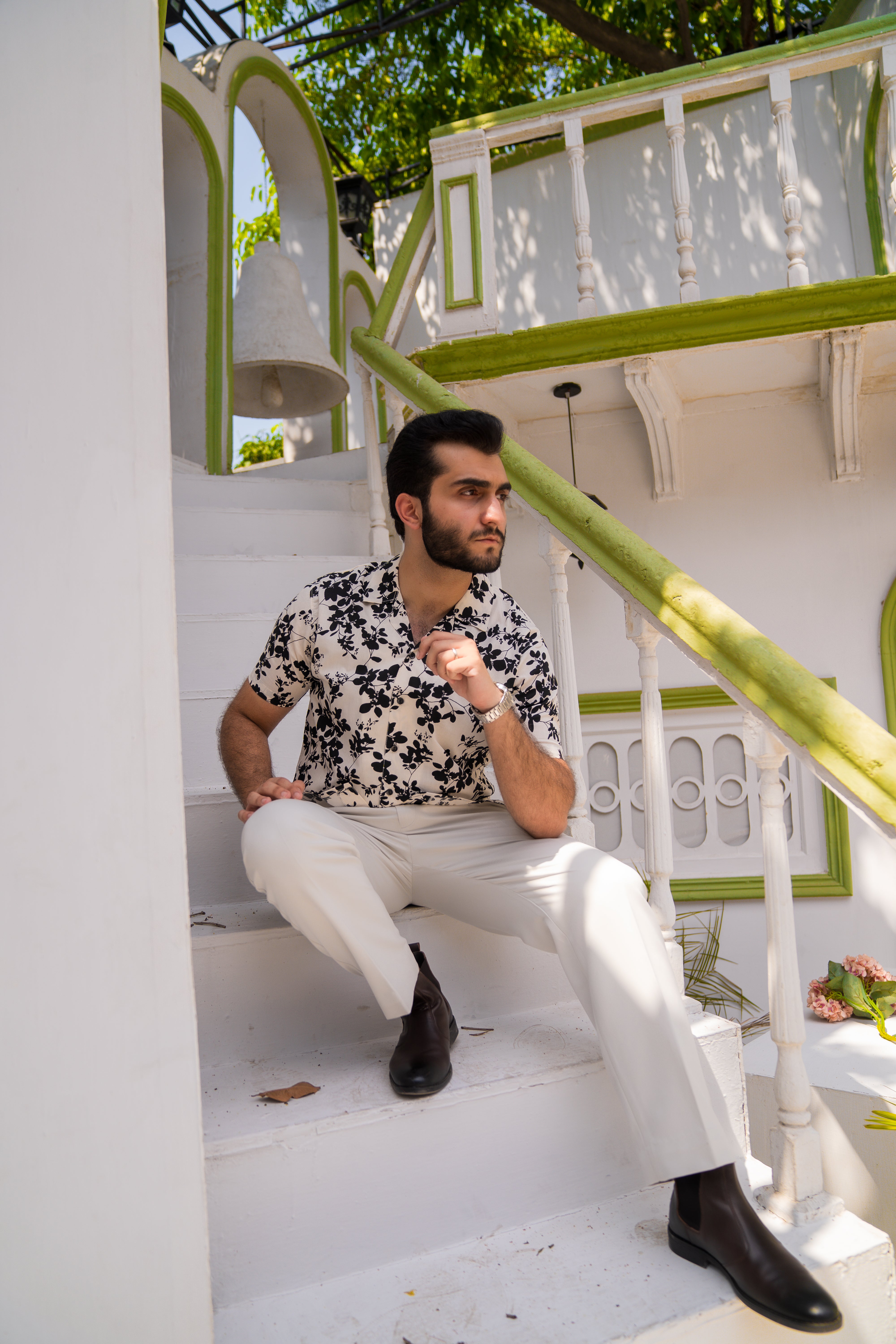 White Printed Cuban Collar Shirt (Unisex)