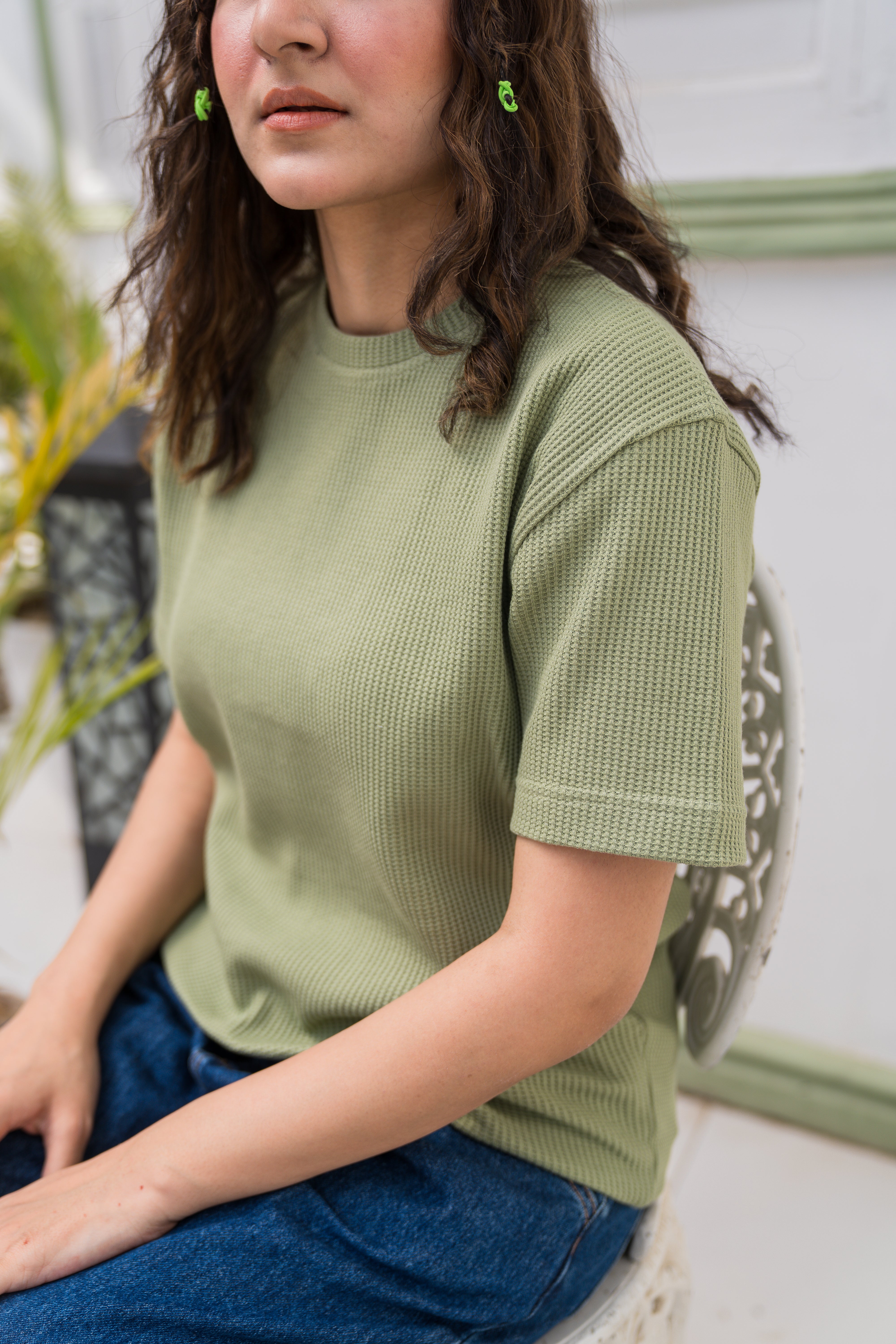 Sage Green Waffle Knit T-Shirt