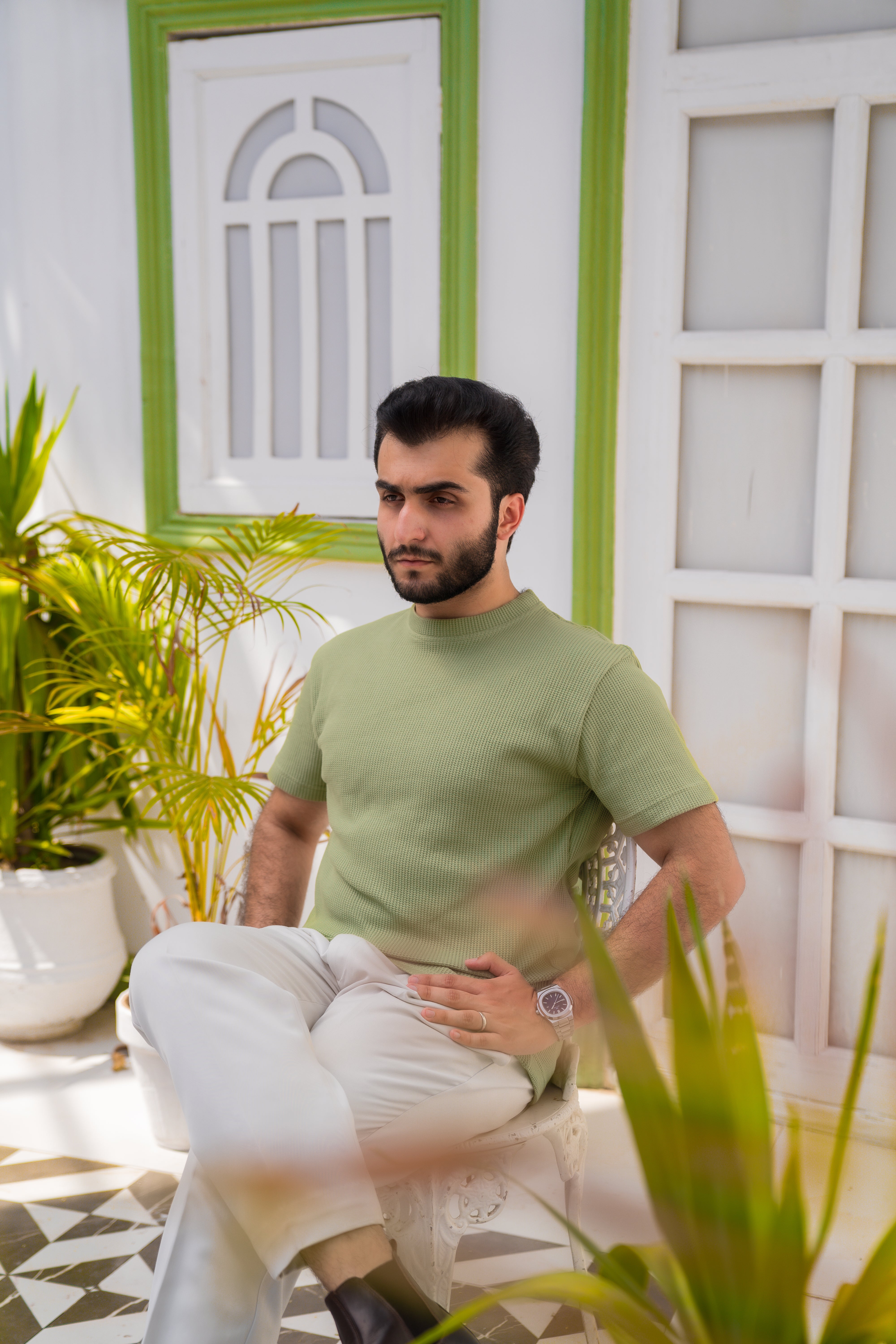 Sage Green Waffle Knit T-Shirt (Men)