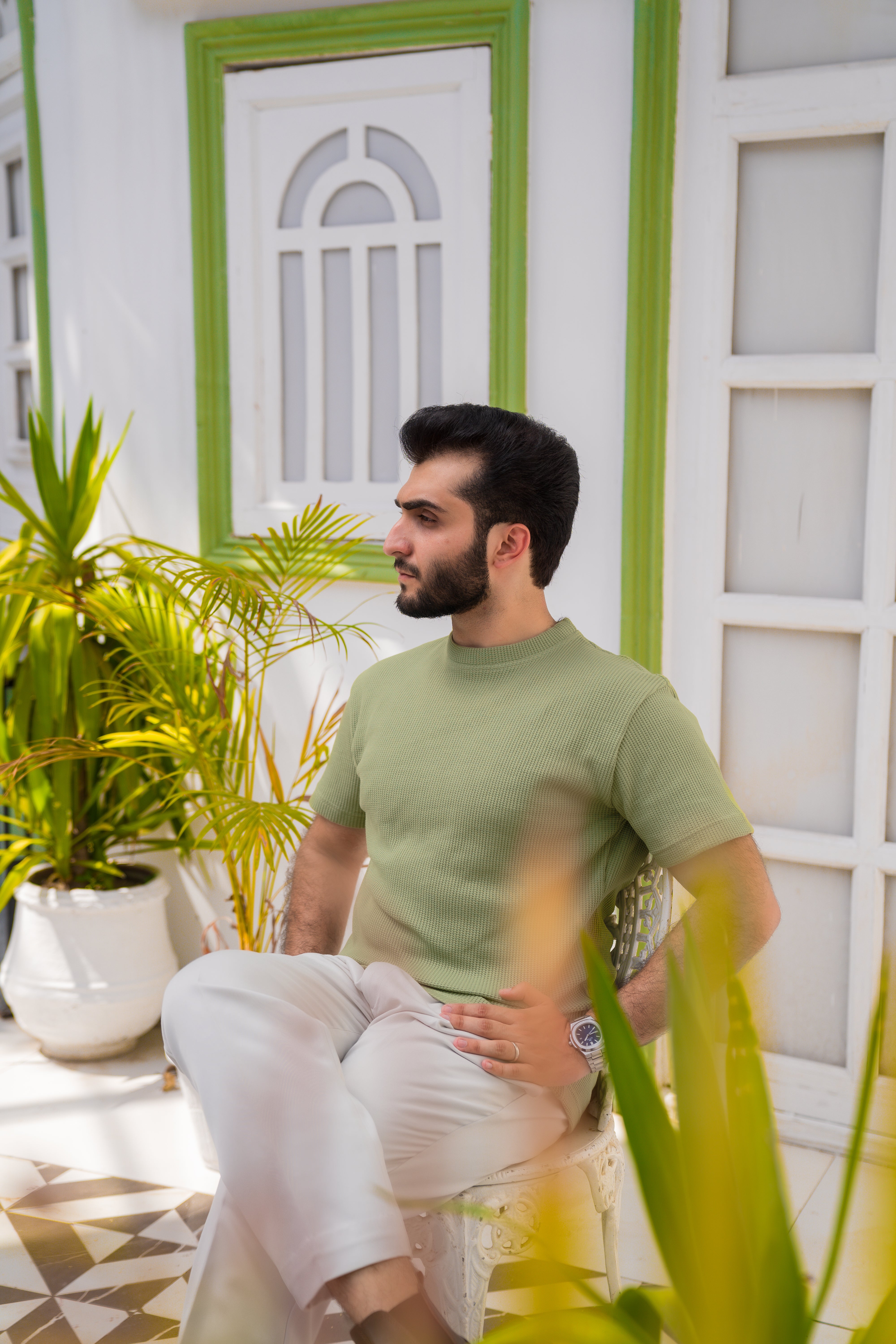 Sage Green Waffle Knit T-Shirt (Men)